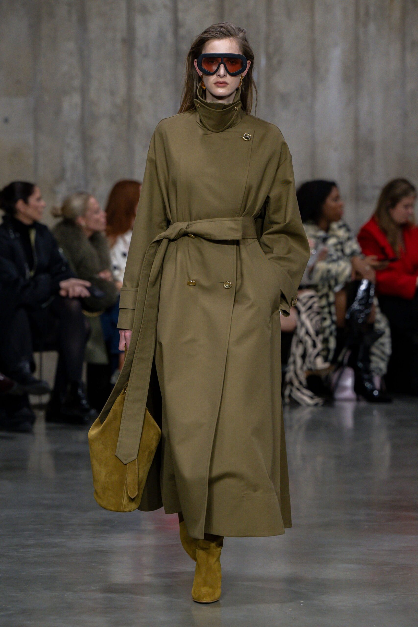 green cotton long-sleeve collared tailored belted maxi coat