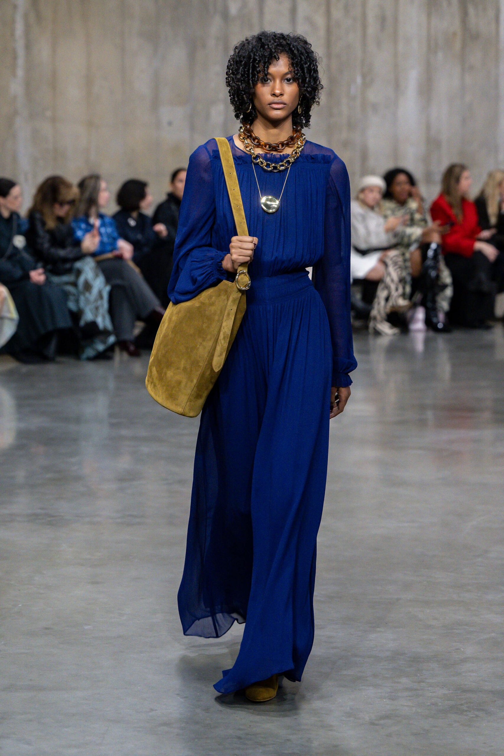 blue silk long-sleeve v-neck relaxed pleated flowing dress
