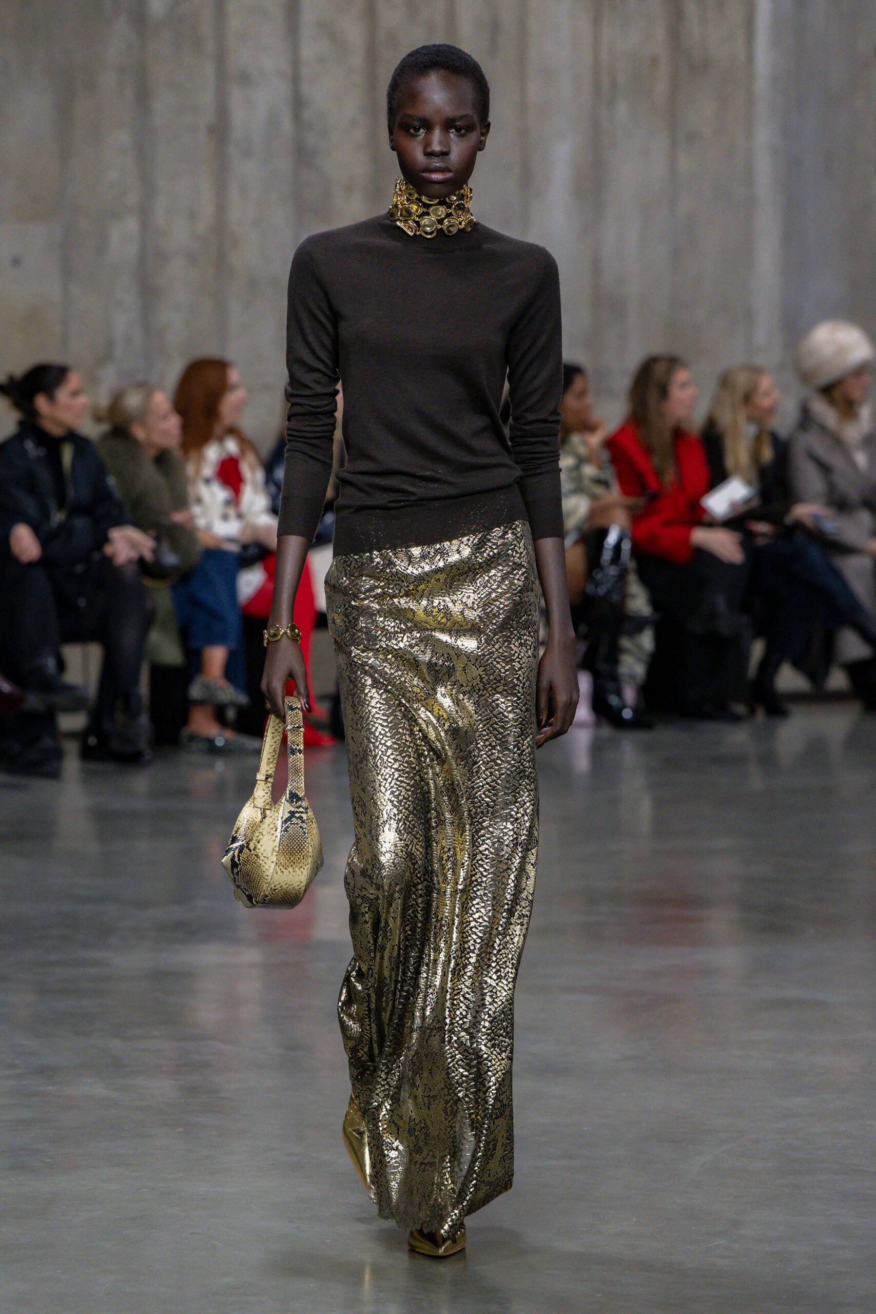 gold silk fitted pleated shiny maxi skirt