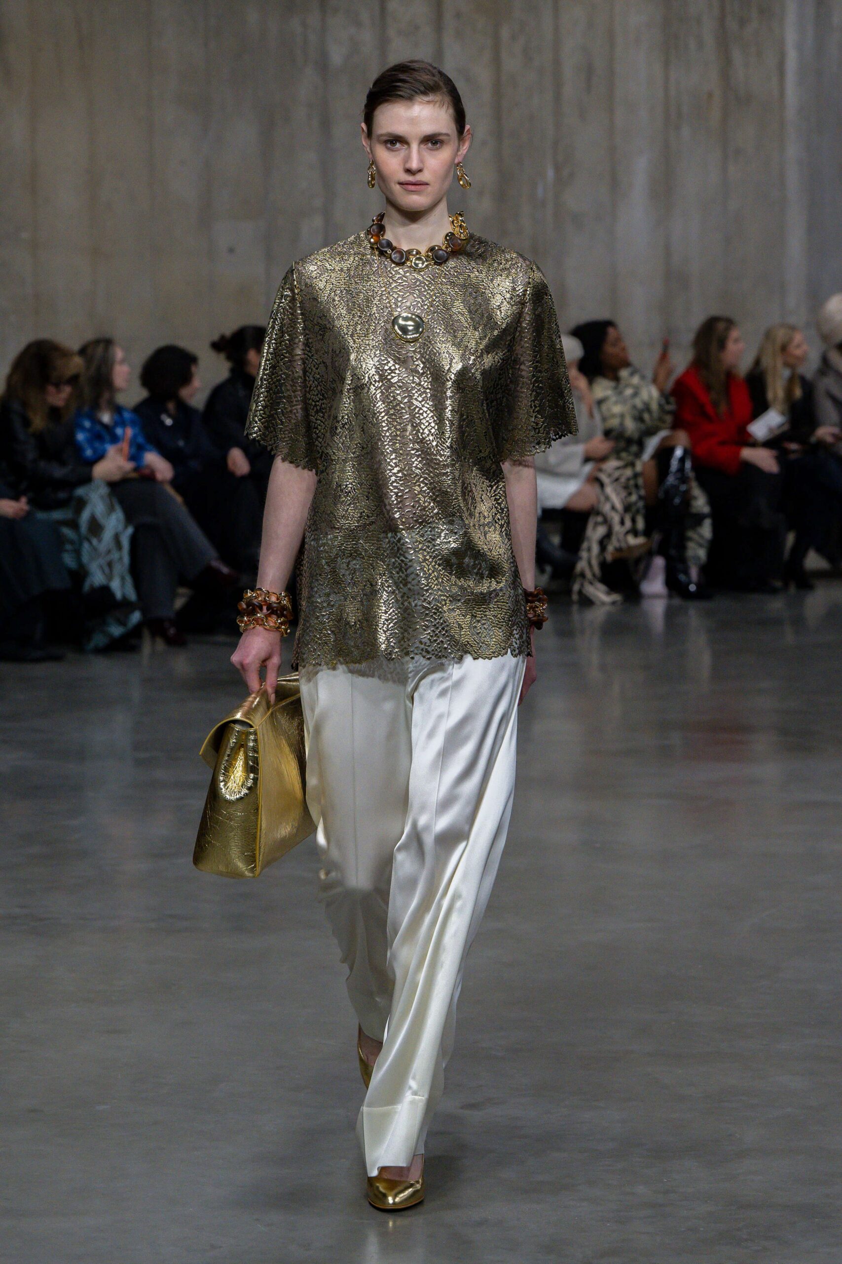 gold silk short-sleeve high-neck relaxed embellished shiny top