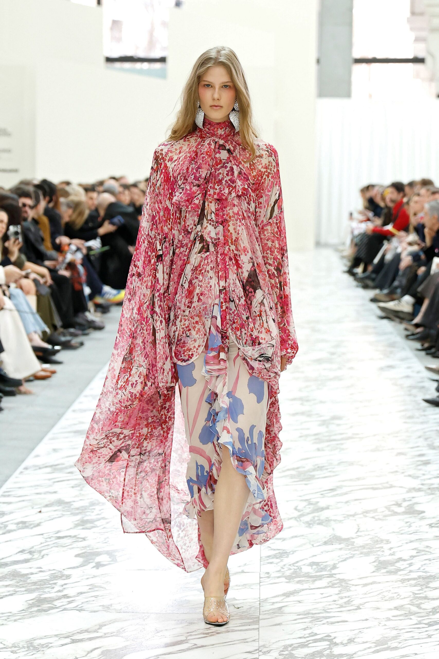 pink chiffon long-sleeve high-neck relaxed floral layered dress