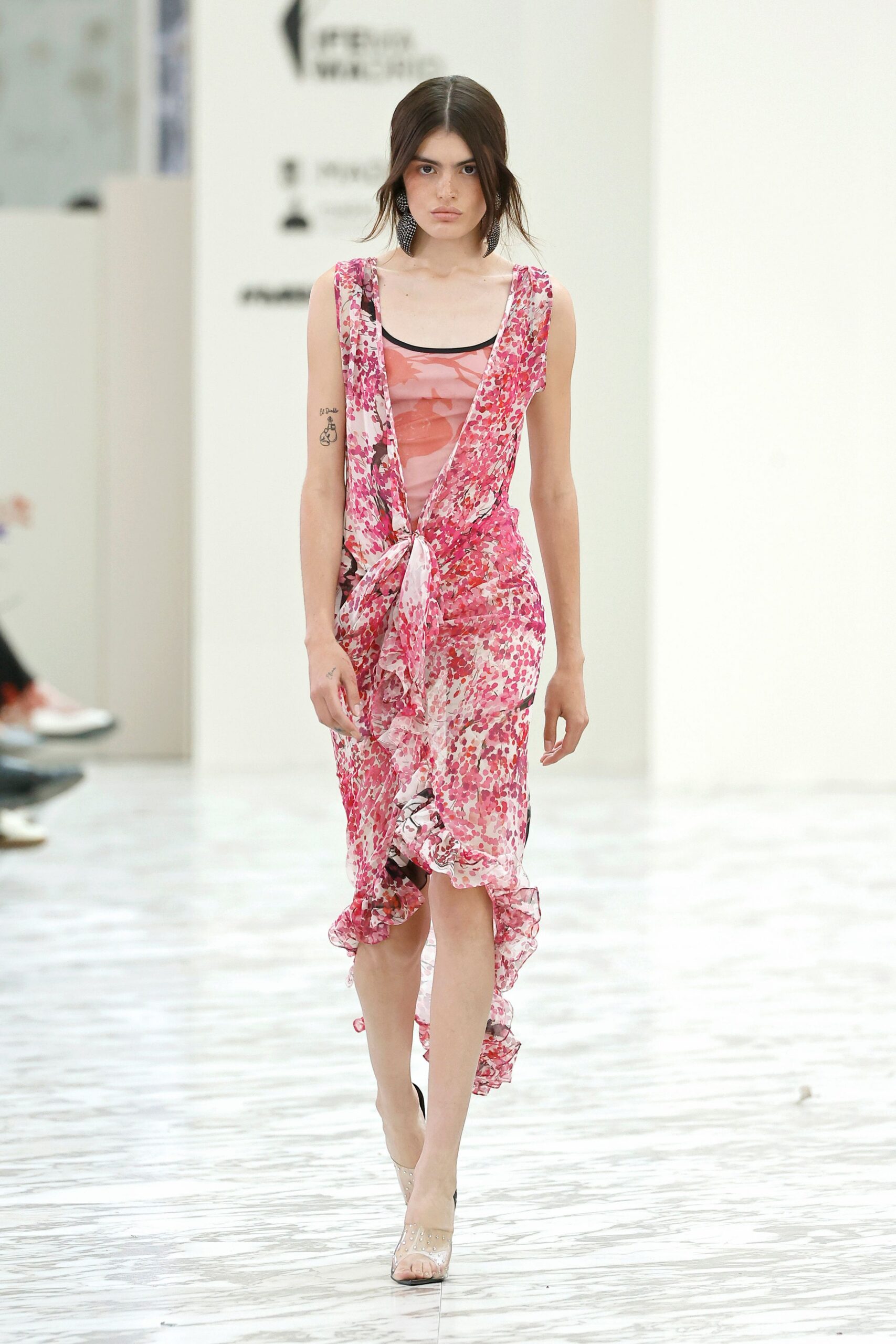 pink silk sleeveless v-neck fitted floral ruffled dress