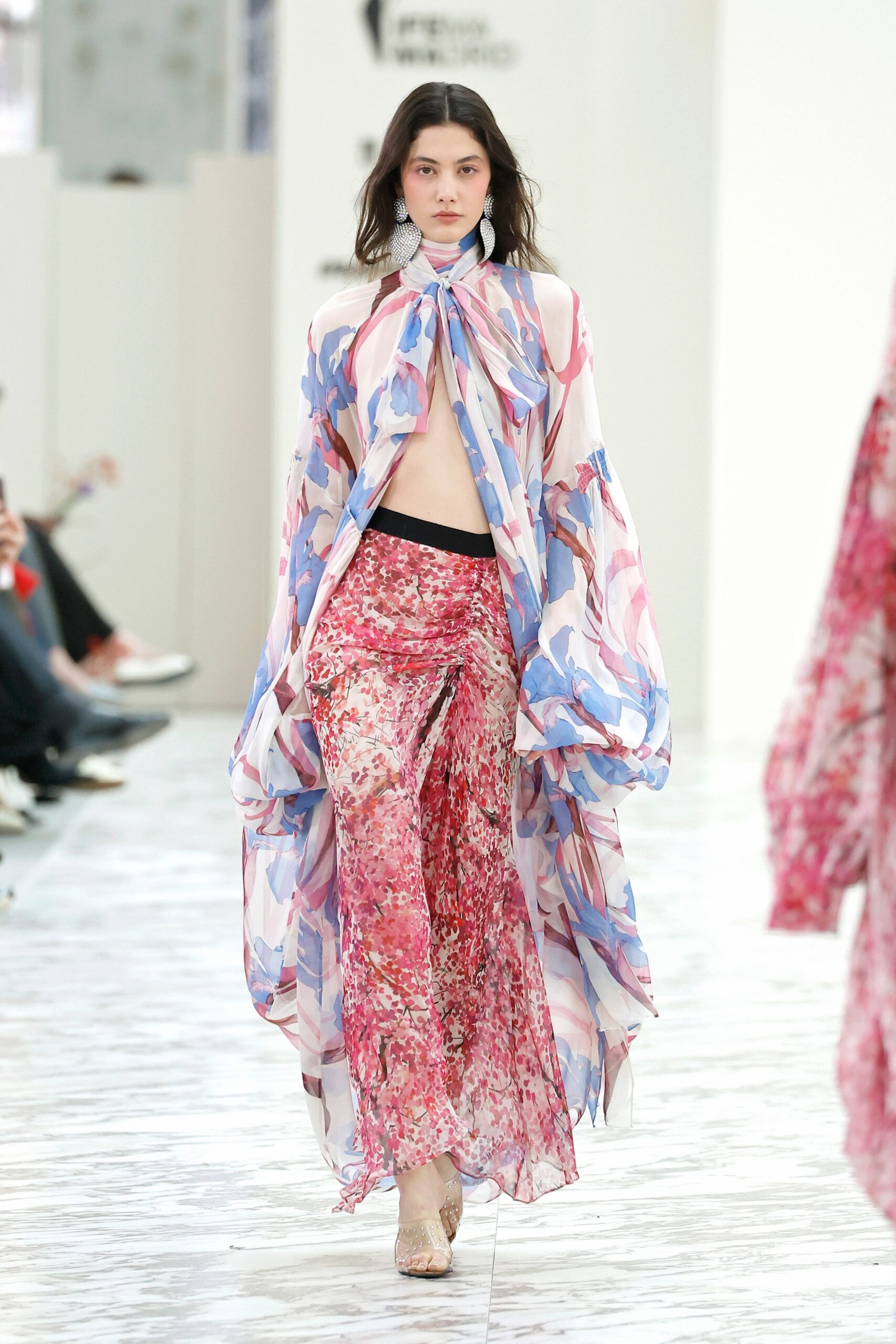 pink chiffon relaxed floral flared flowing pants