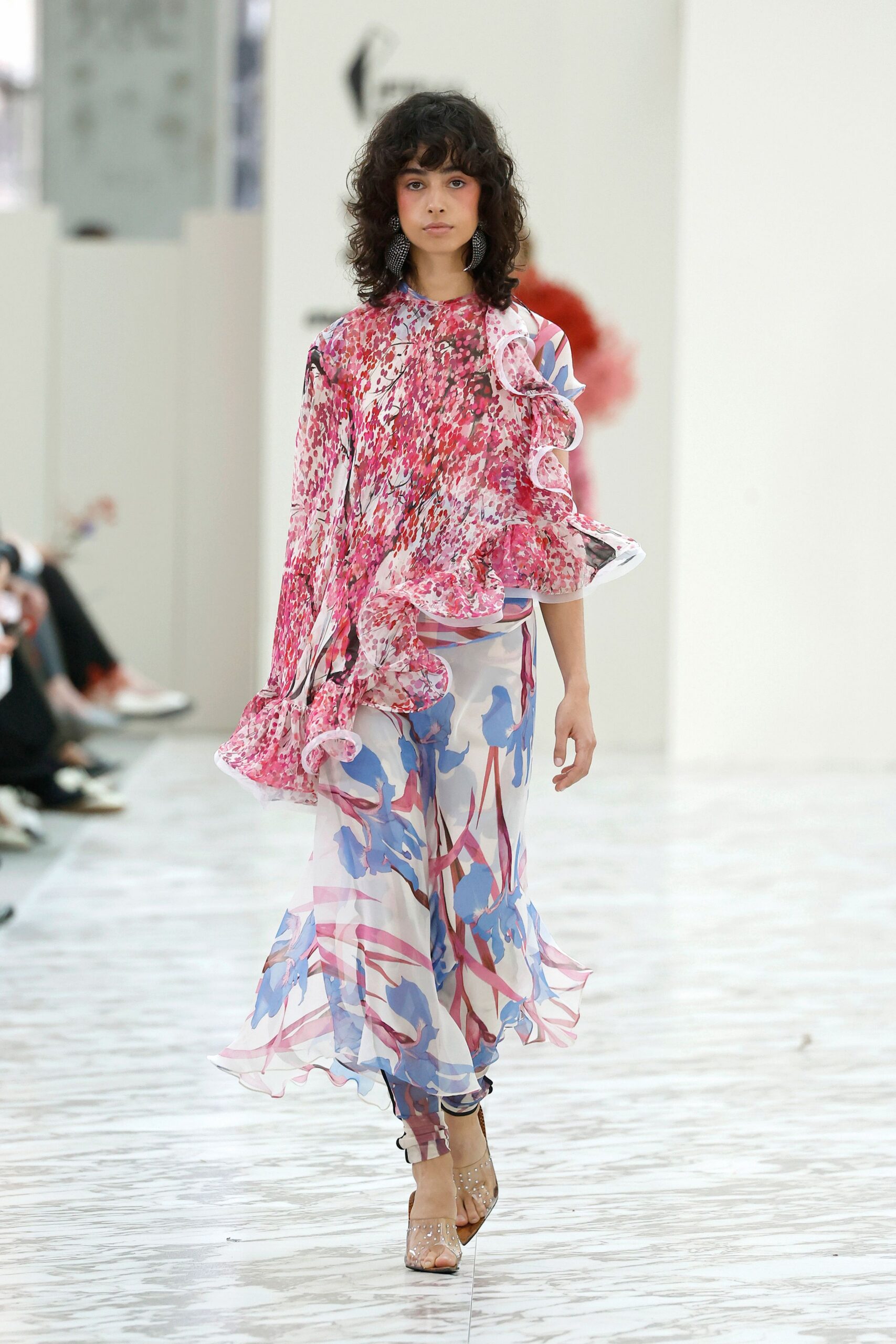 pink chiffon long-sleeve off-shoulder relaxed ruffled flared dress