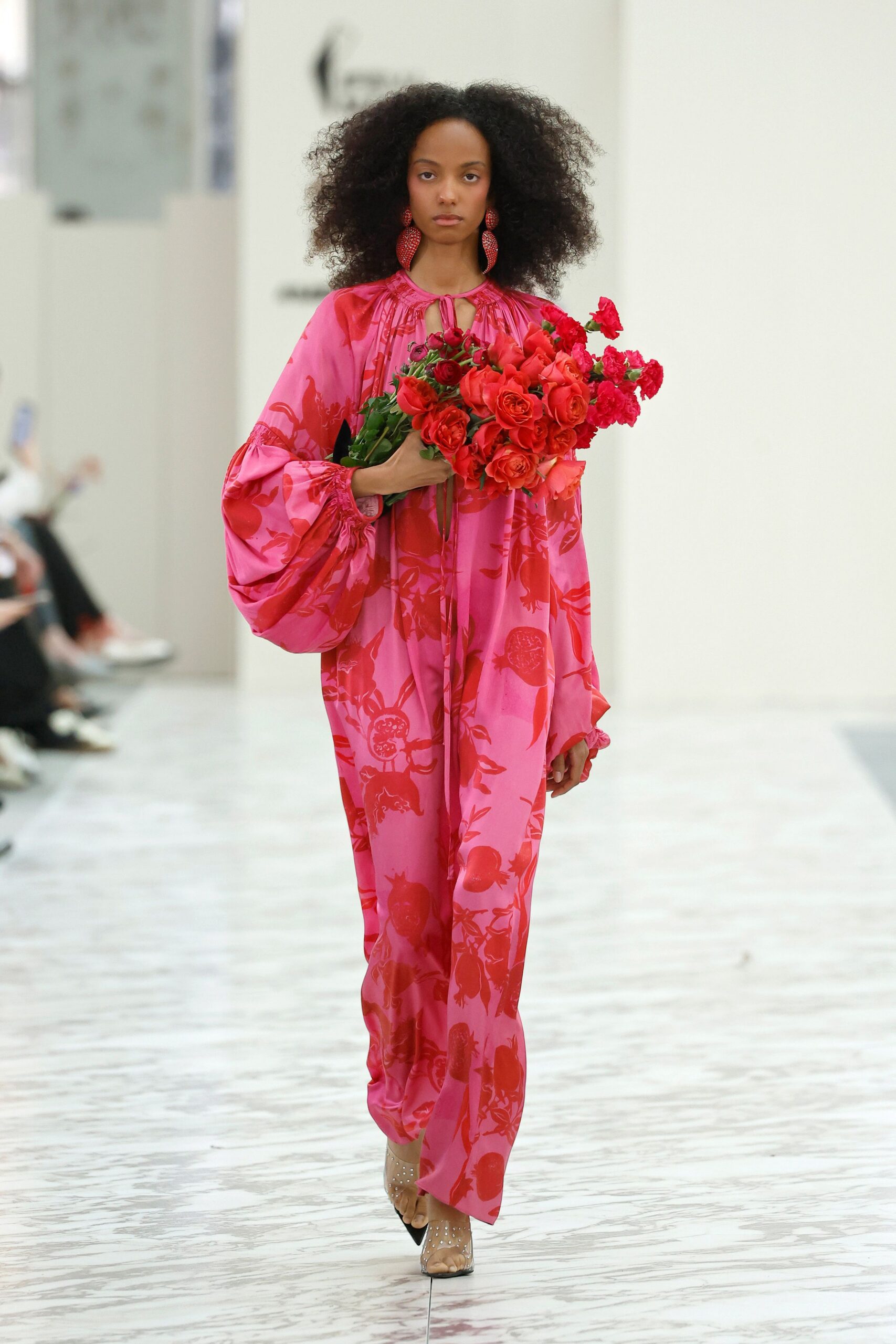 pink silk long-sleeve high-neck relaxed floral pleated dress