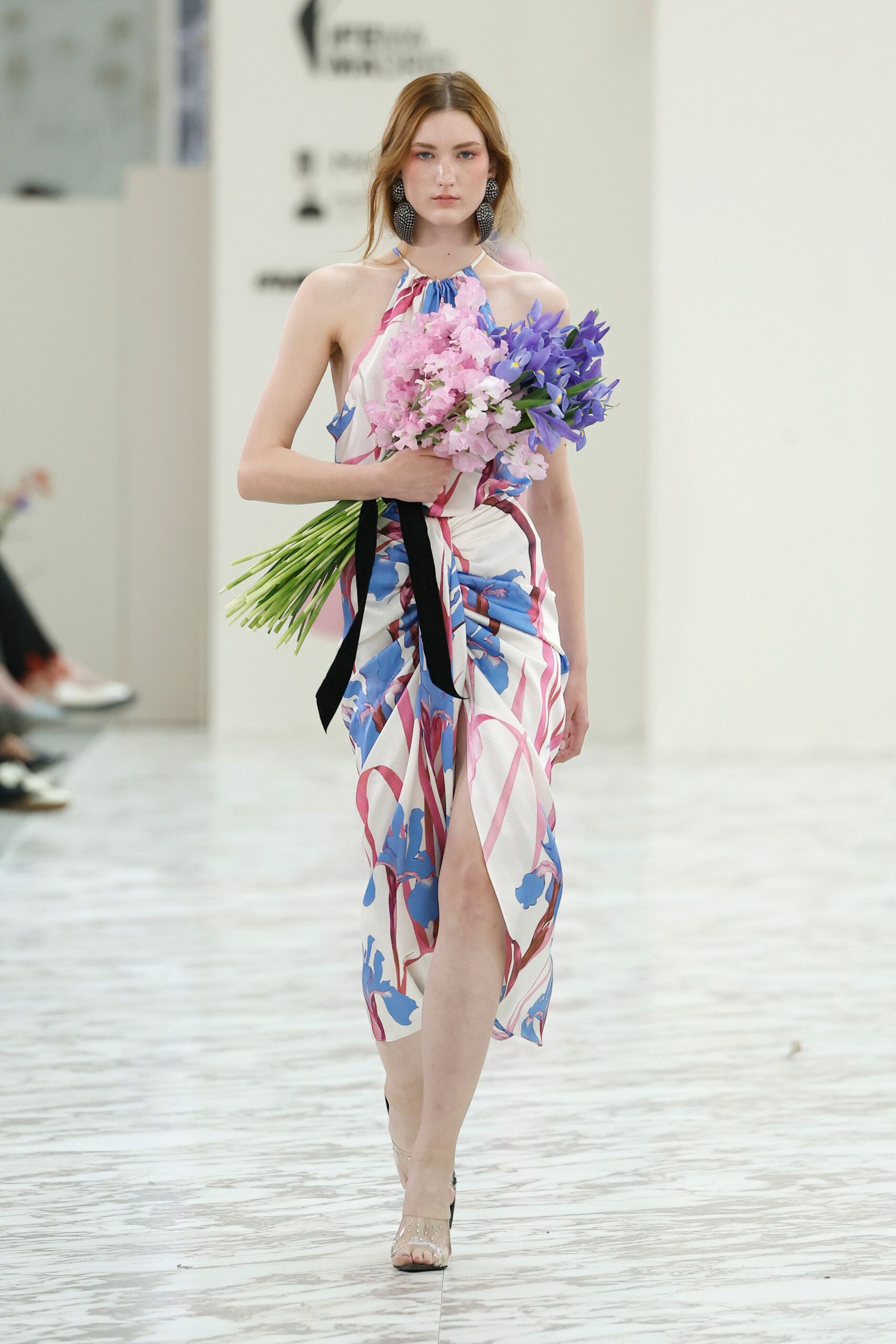 white silk sleeveless halter fitted floral midi dress