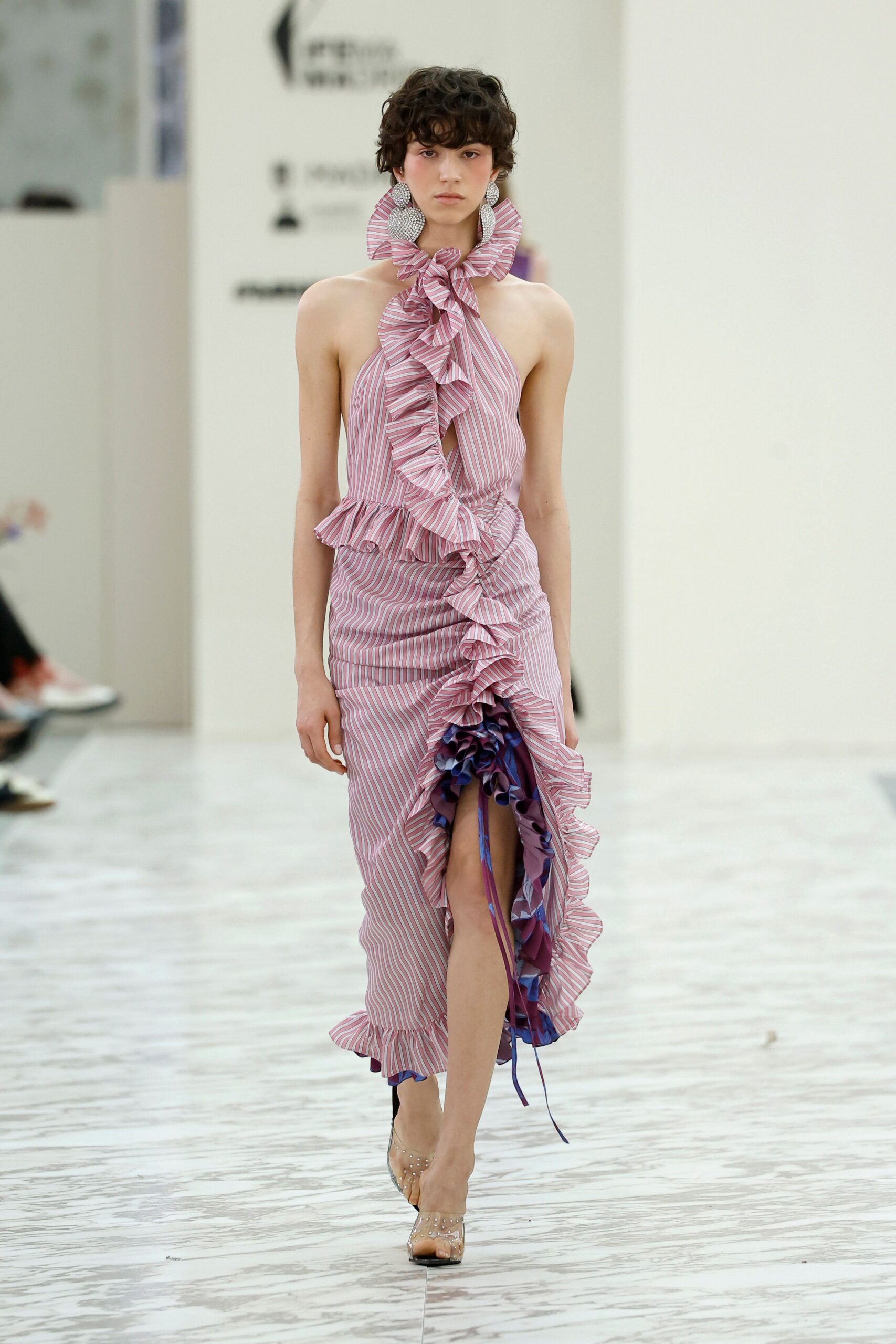 pink cotton sleeveless v-neck fitted striped ruffled dress
