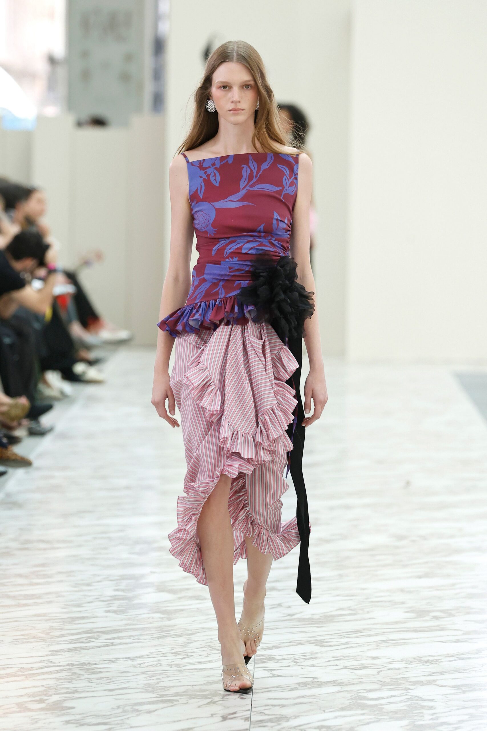 purple silk sleeveless v-neck fitted ruffled flared dress