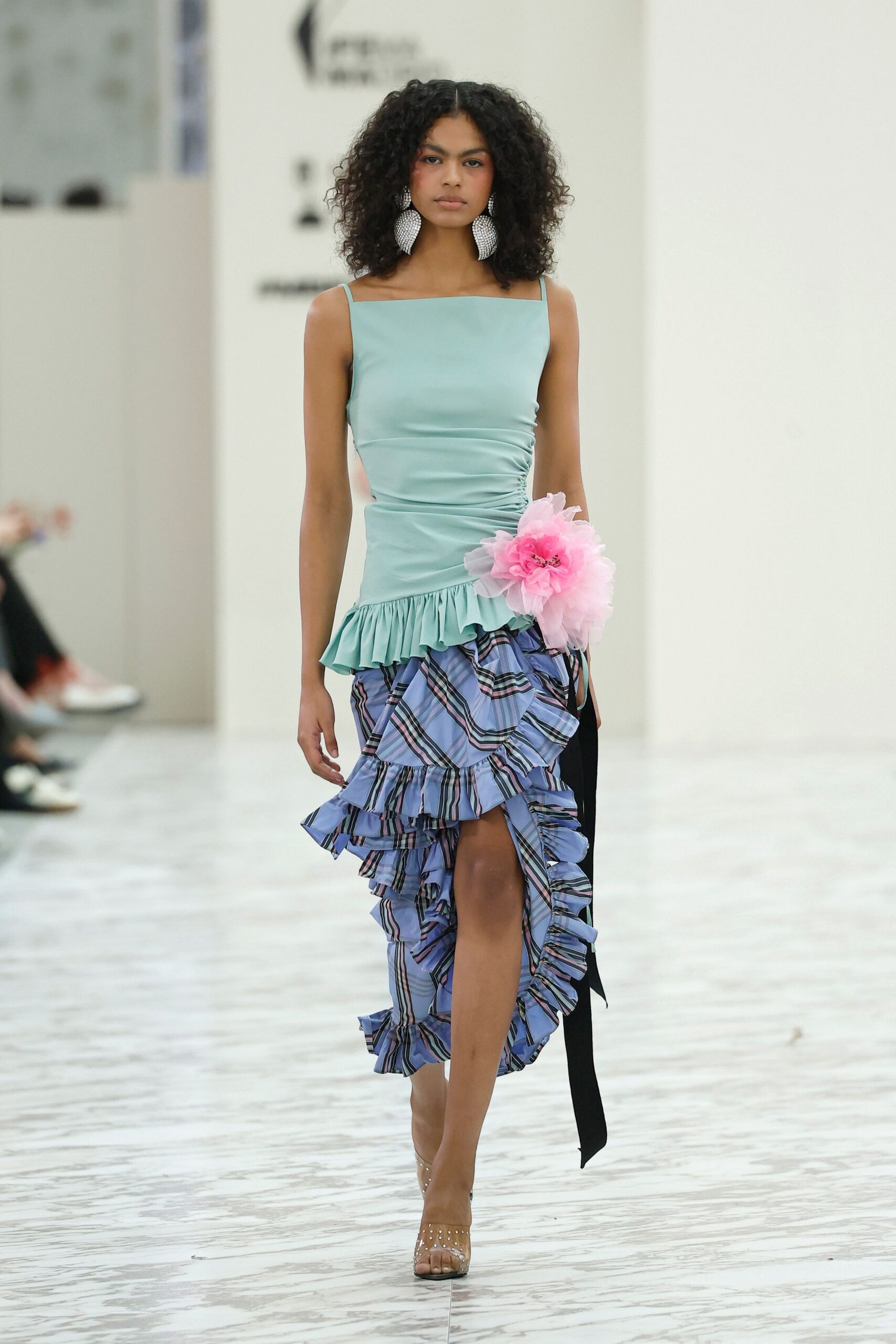 blue cotton sleeveless square-neck fitted ruffled tiered dress