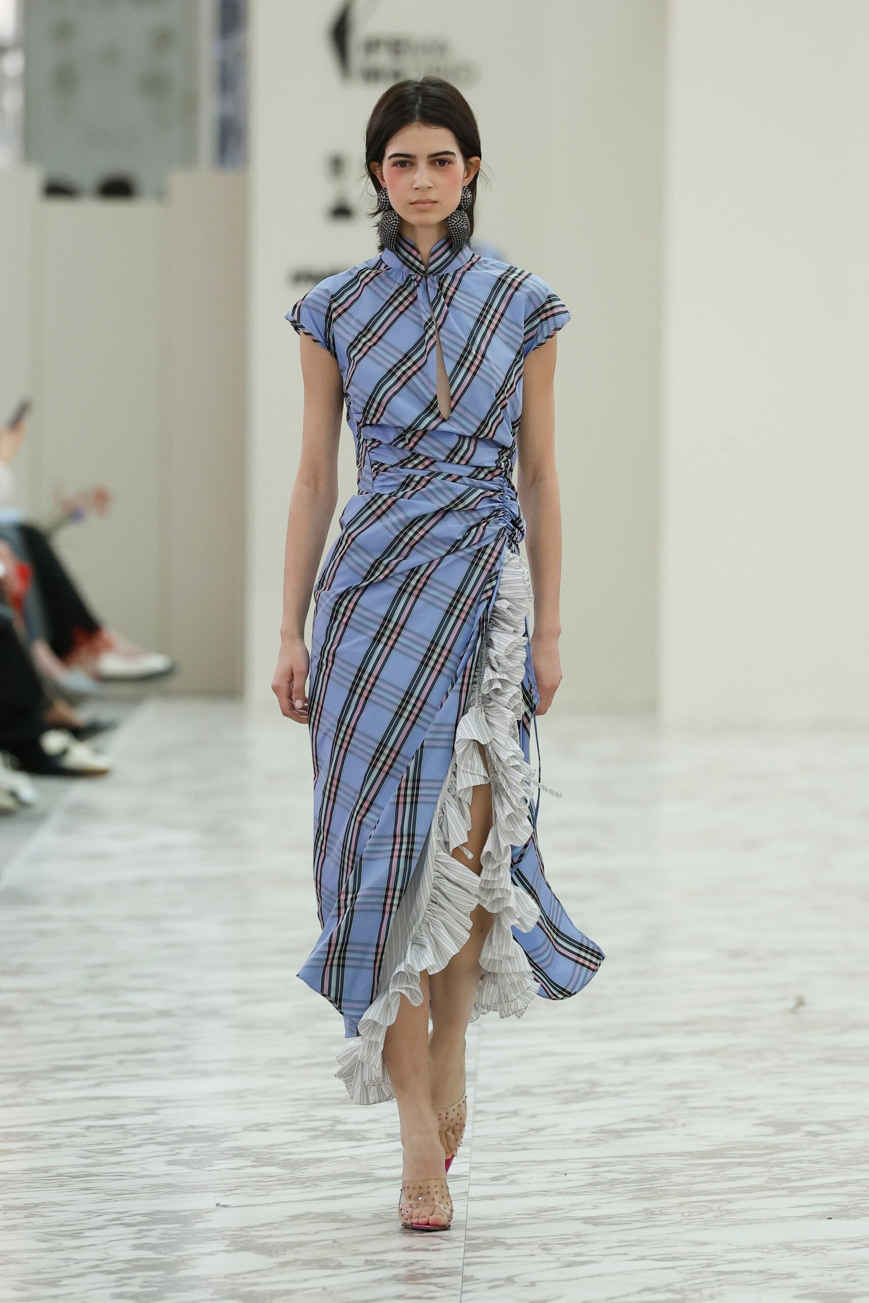 blue cotton short-sleeve v-neck fitted pleated layered dress