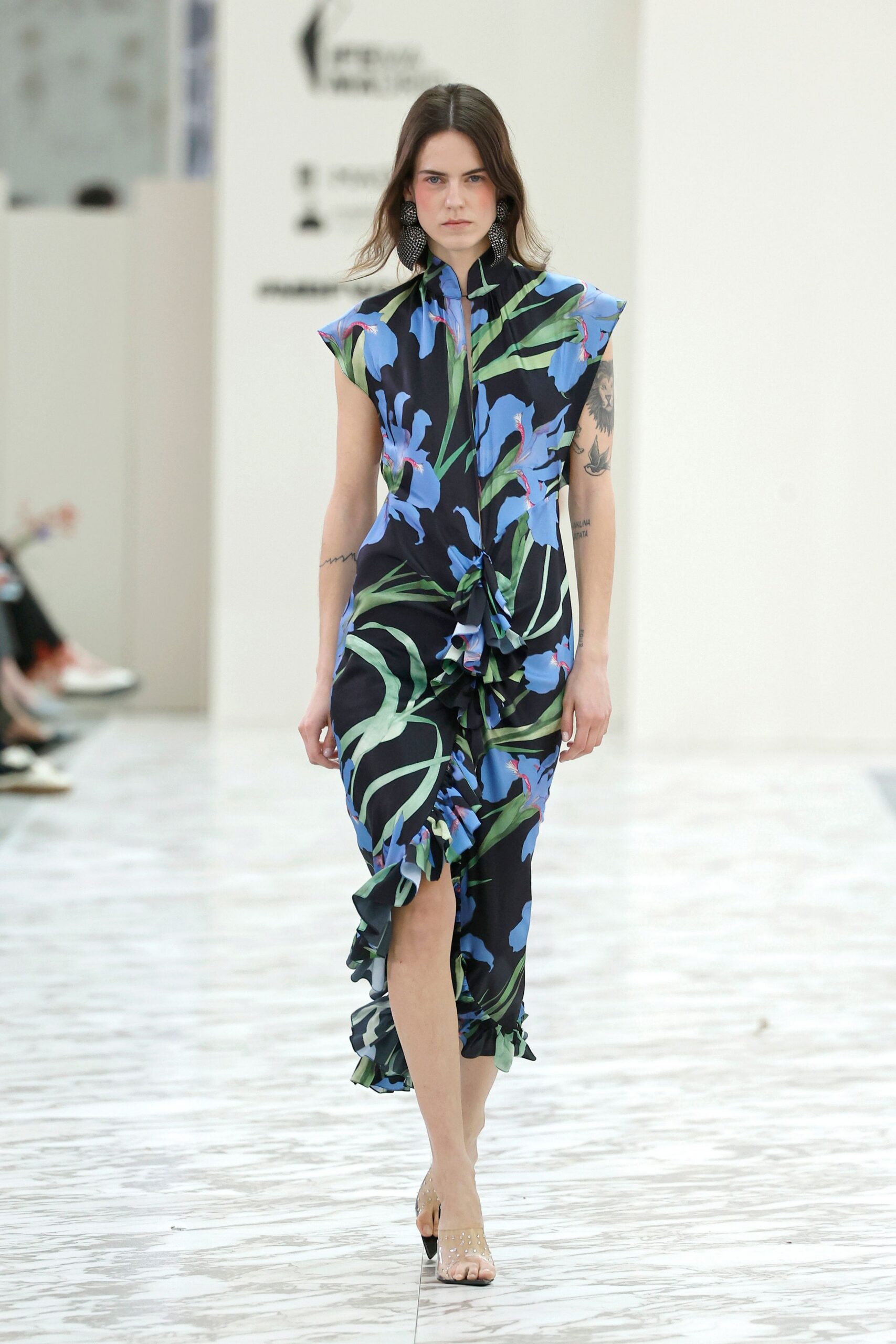 blue silk sleeveless collared fitted flared ruffled dress