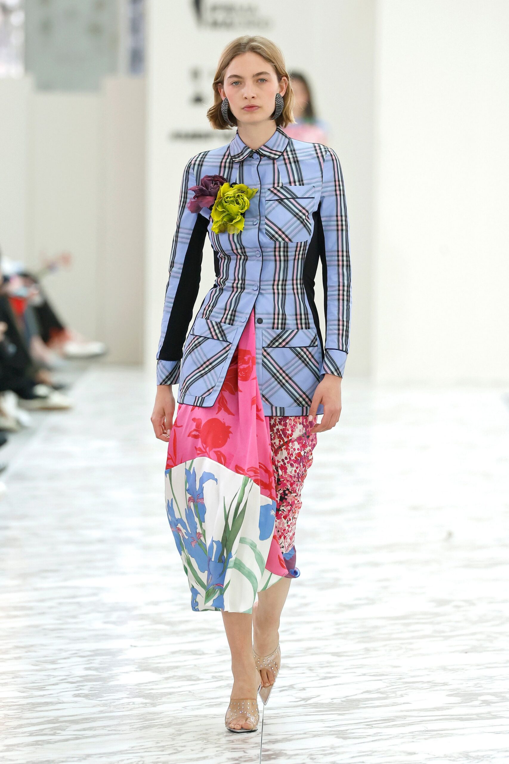 blue cotton long-sleeve collared fitted printed pleated dress