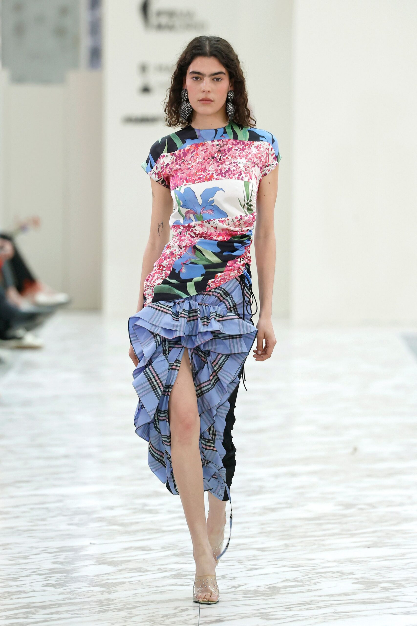 blue silk short-sleeve v-neck fitted ruffled flared dress