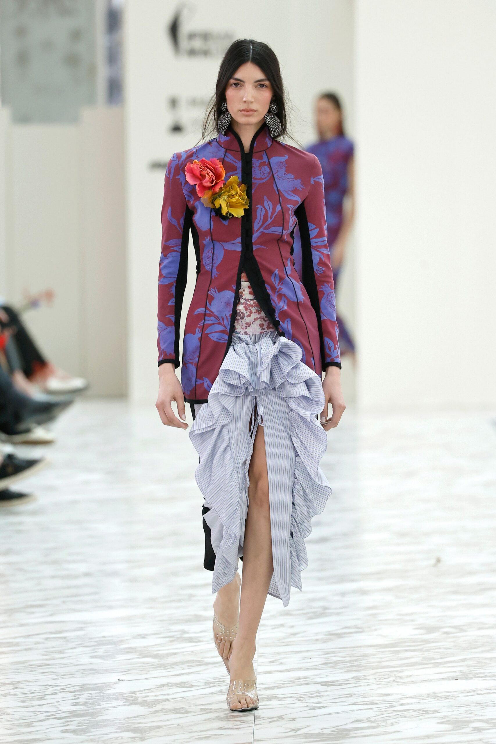 purple cotton long-sleeve collared fitted floral color-blocked jacket