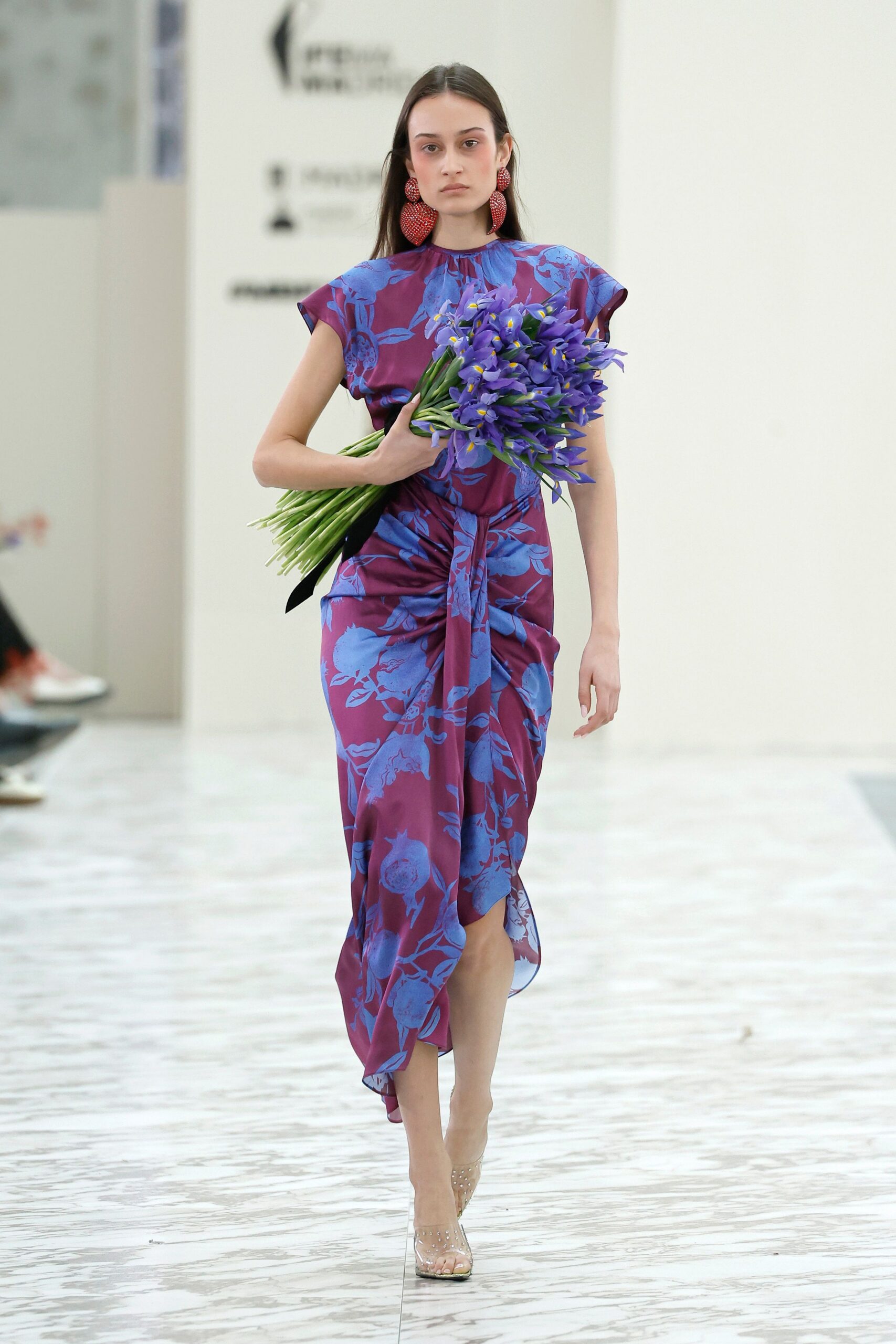 purple silk short-sleeve v-neck fitted floral ruched dress