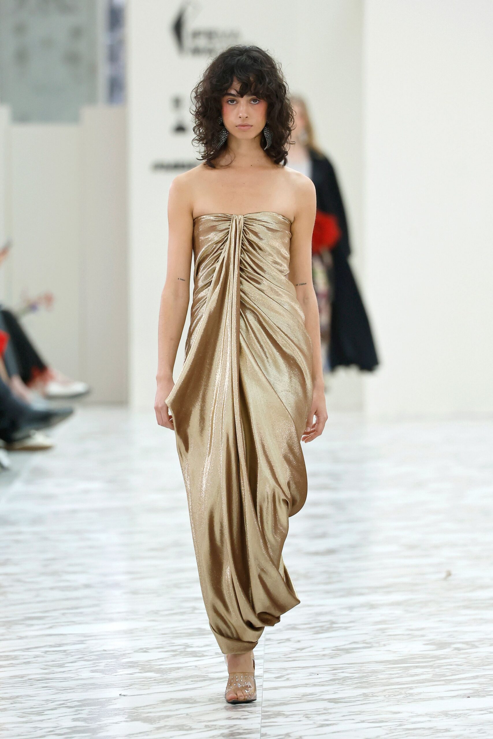 gold silk strapless fitted draped shiny maxi gown