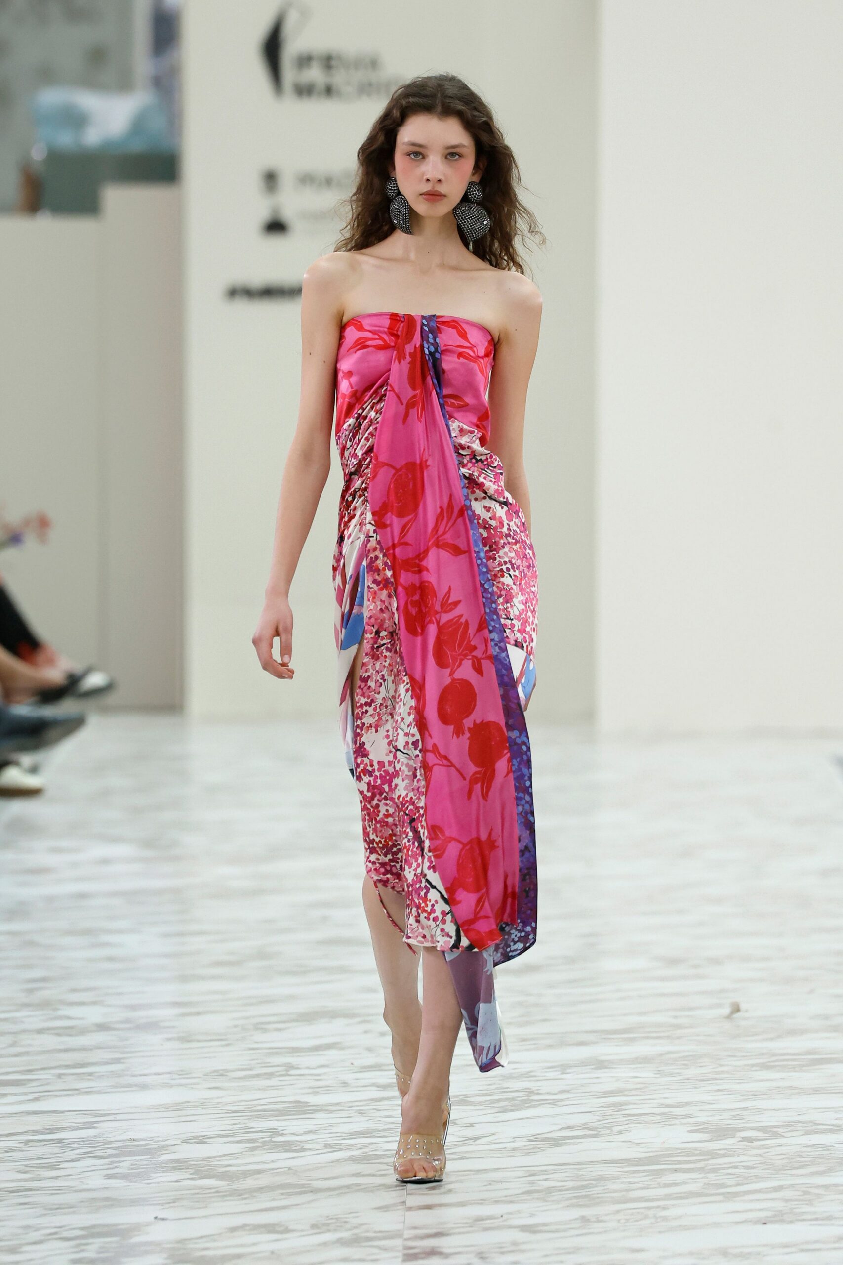pink silk strapless fitted floral layered midi dress