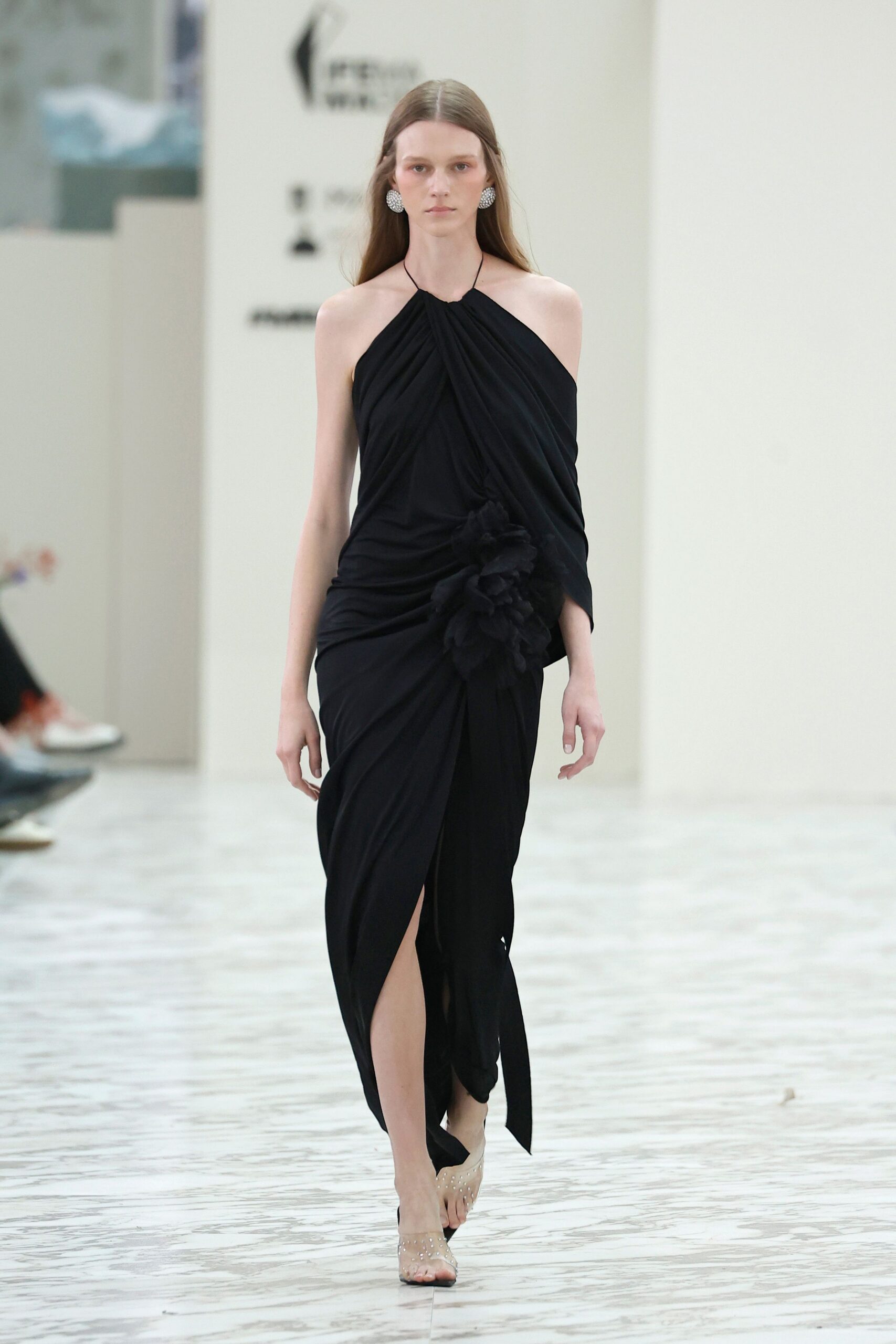 black silk strapless high-neck fitted draped maxi gown