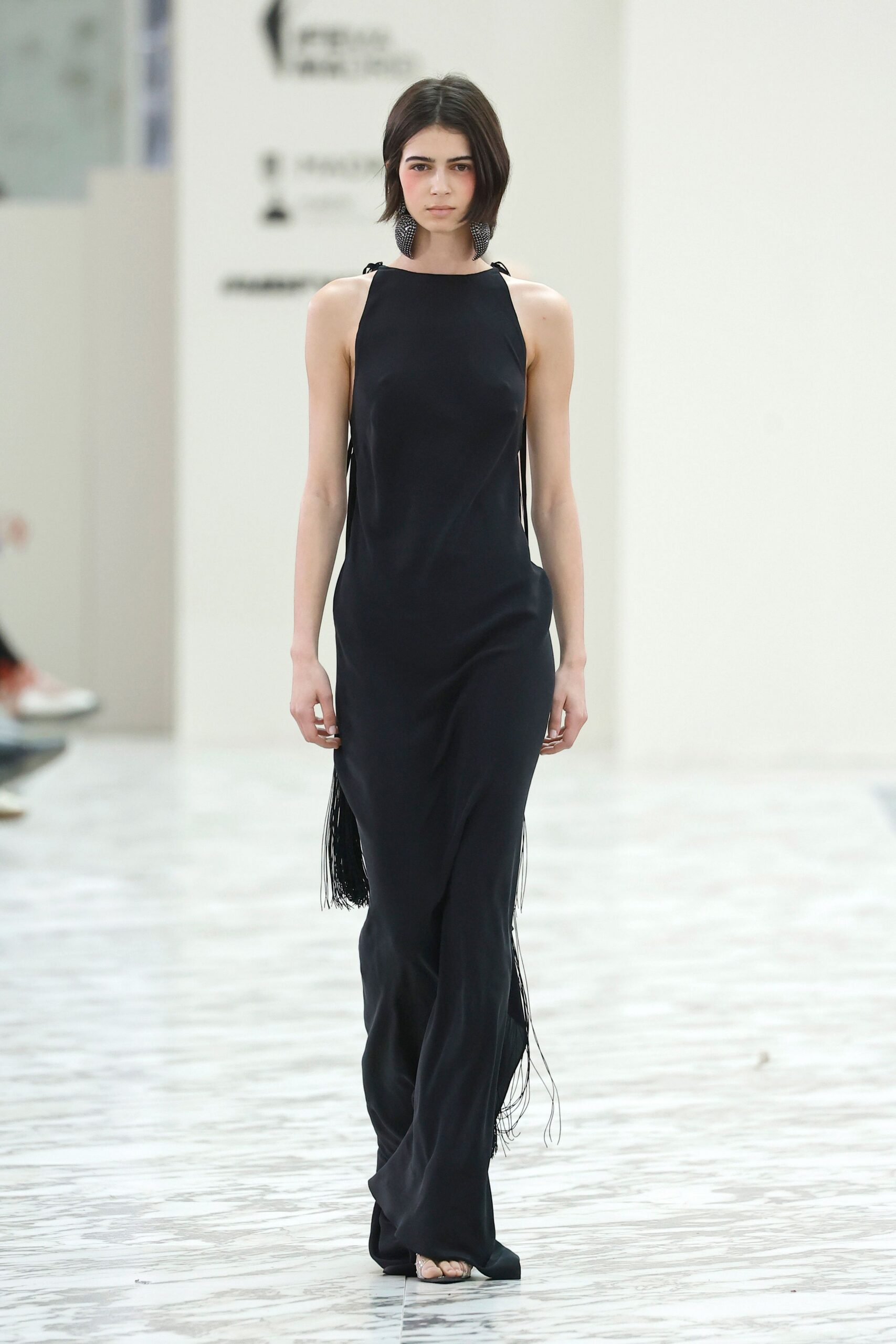 black silk sleeveless high-neck fitted fringed maxi gown