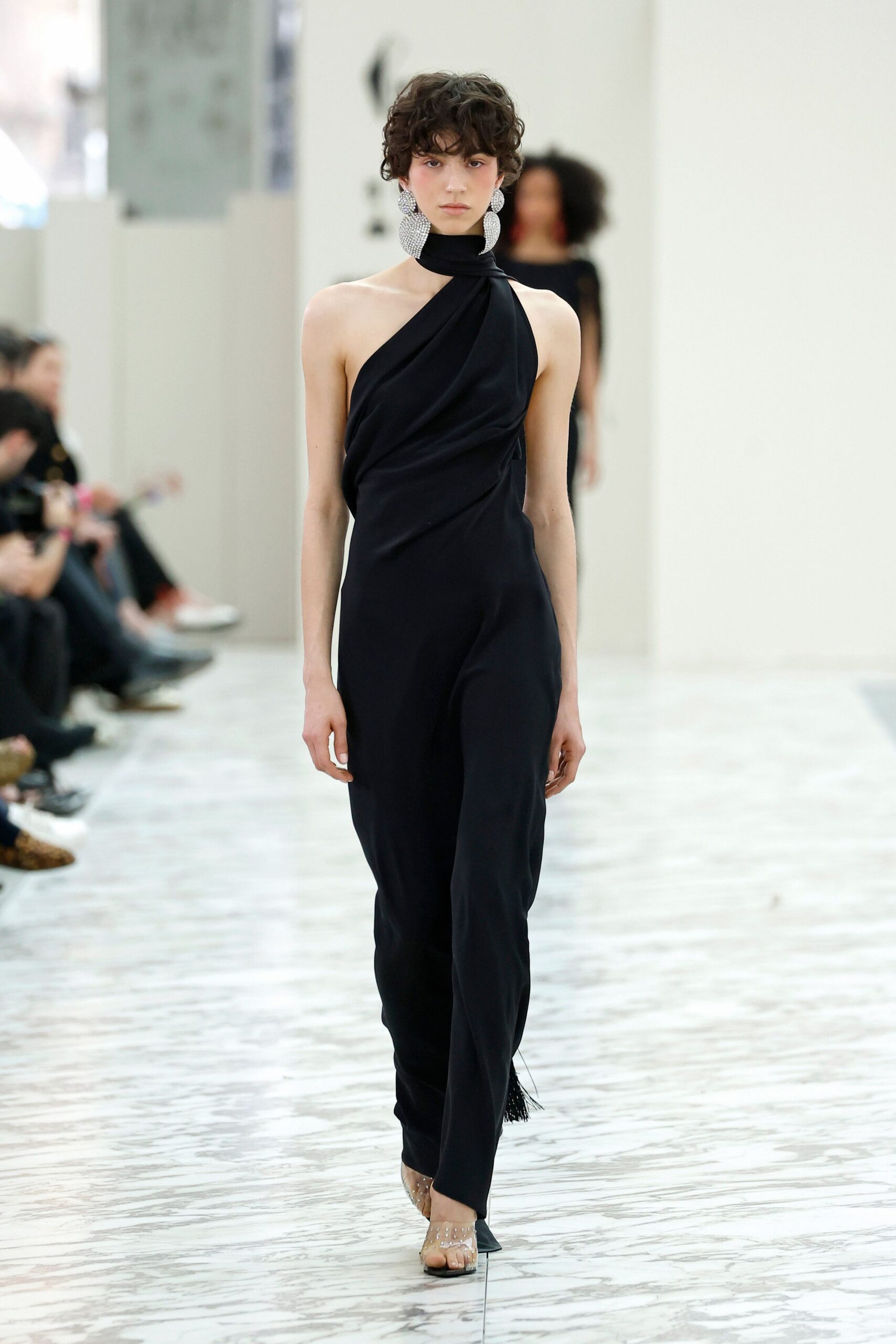 black silk sleeveless halter fitted draped jumpsuit