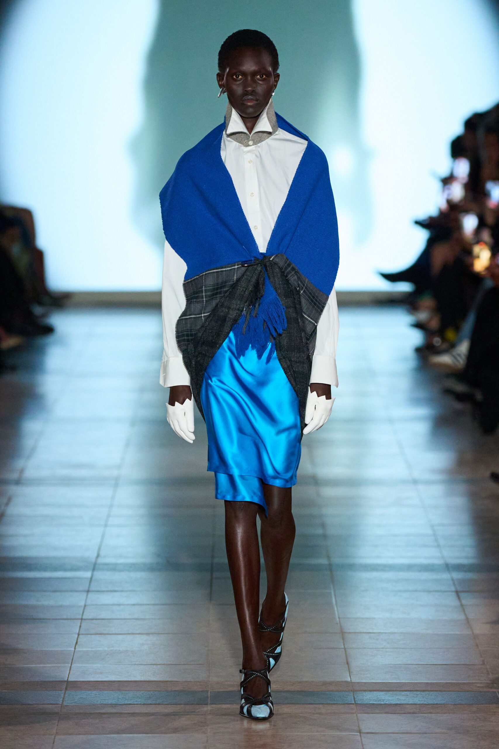 white shirt blue midi skirt