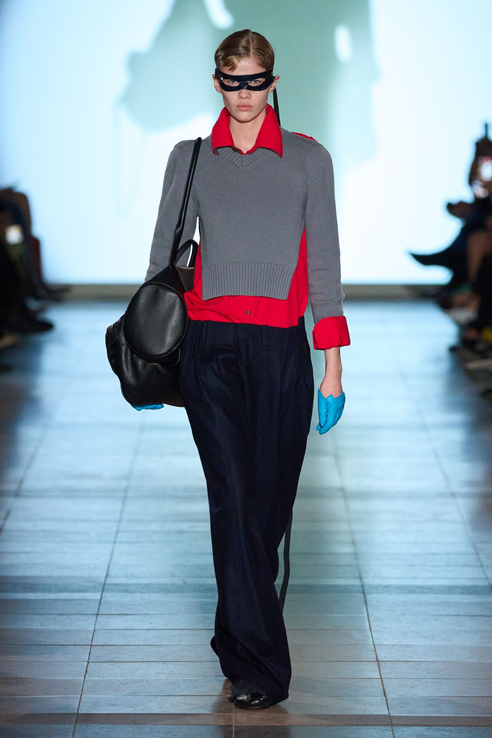 gray sweater red shirt navy pants