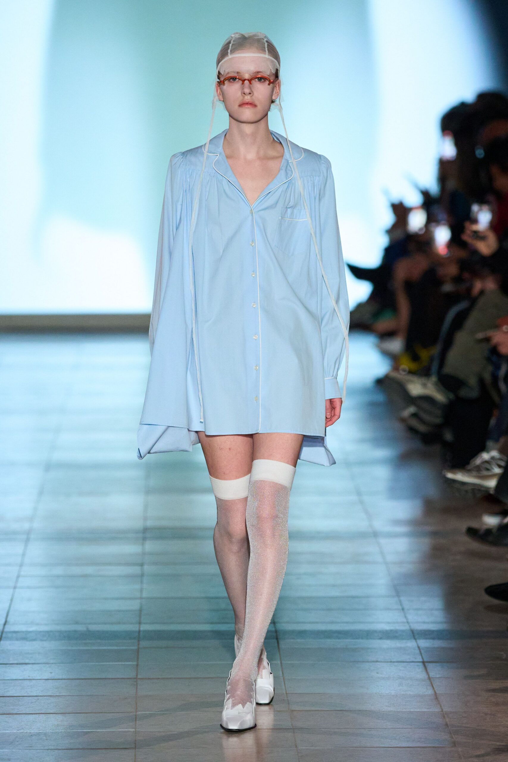 blue cotton long-sleeve collared relaxed buttoned short shirt-dress