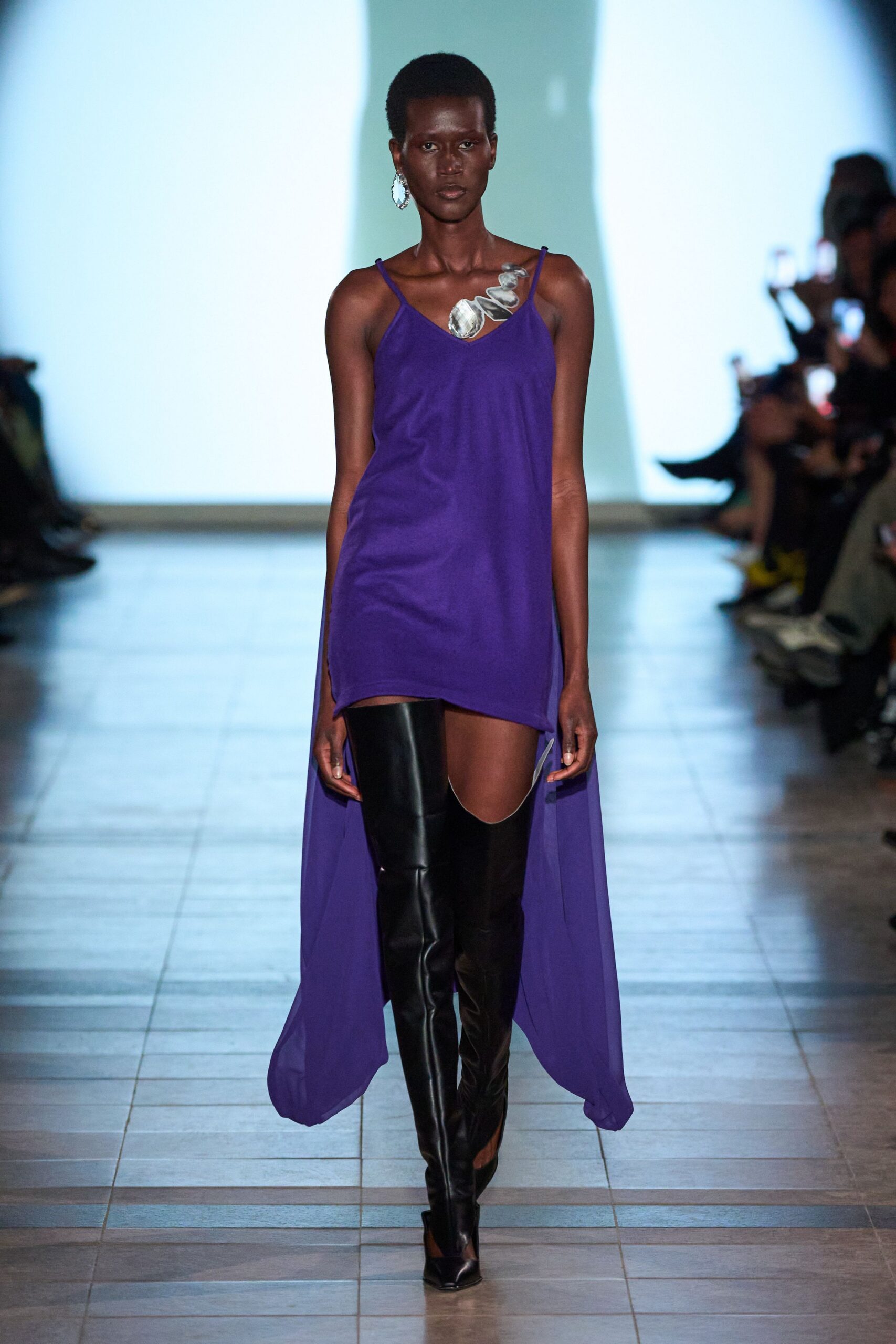 purple chiffon sleeveless v-neck fitted draped flowing dress