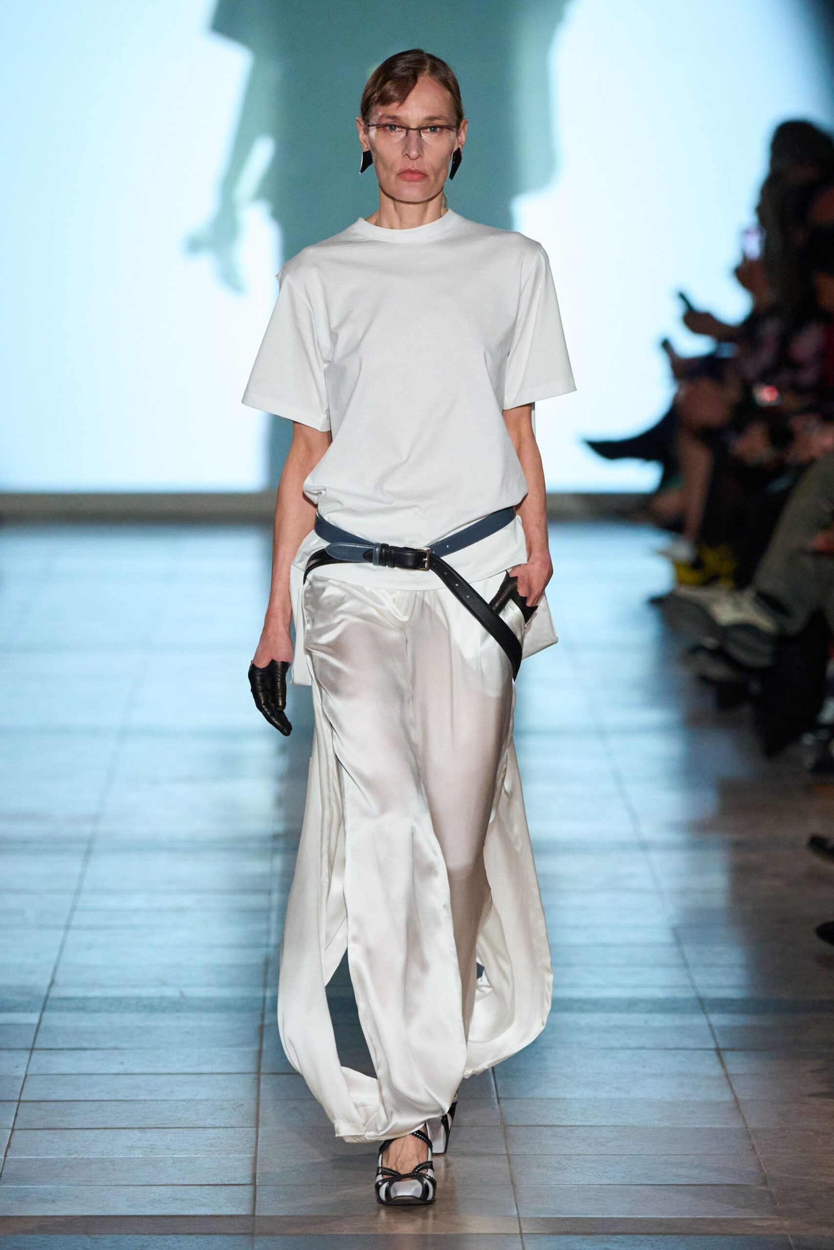 white silk fitted high-waisted pleated pants