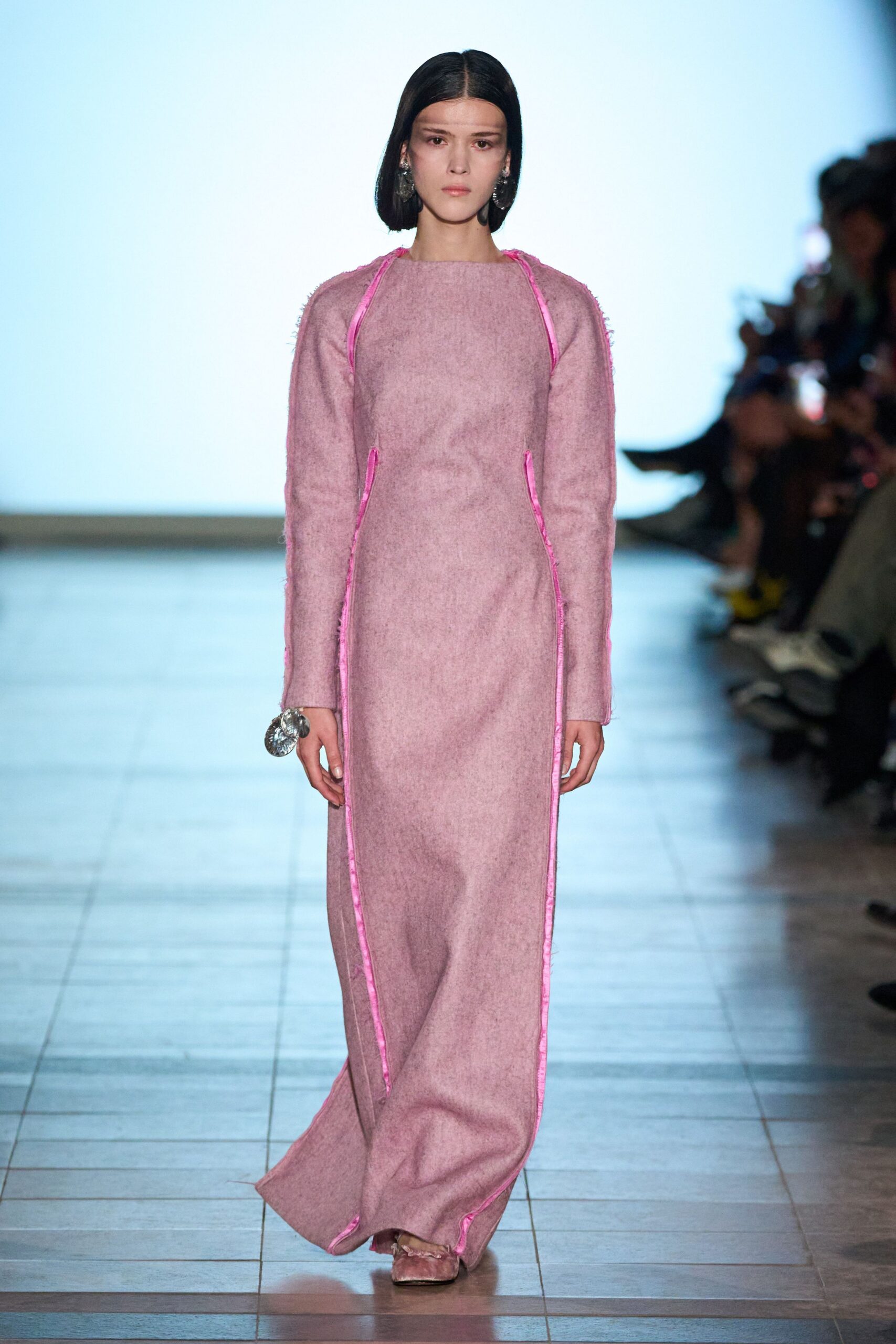 pink wool long-sleeve high-neck fitted zippered maxi gown
