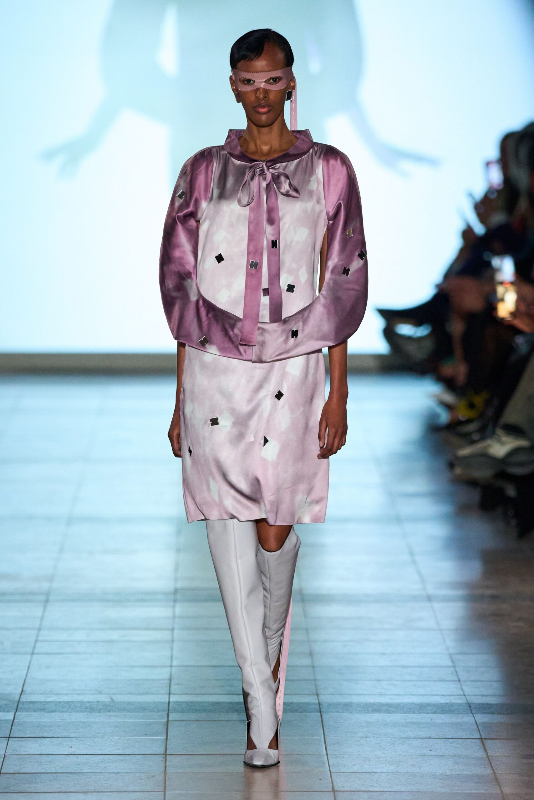 pink silk long-sleeve collared fitted draped embellished dress