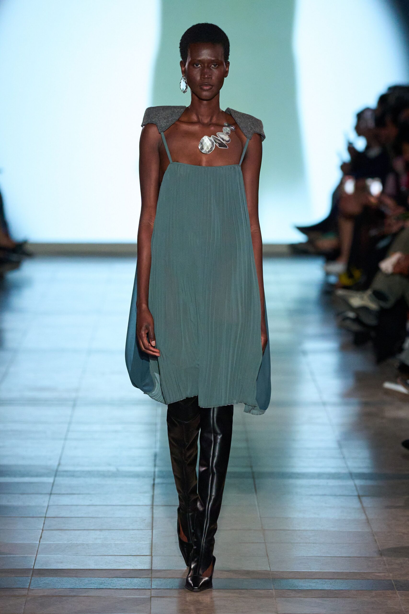 teal silk sleeveless v-neck relaxed pleated flowing dress