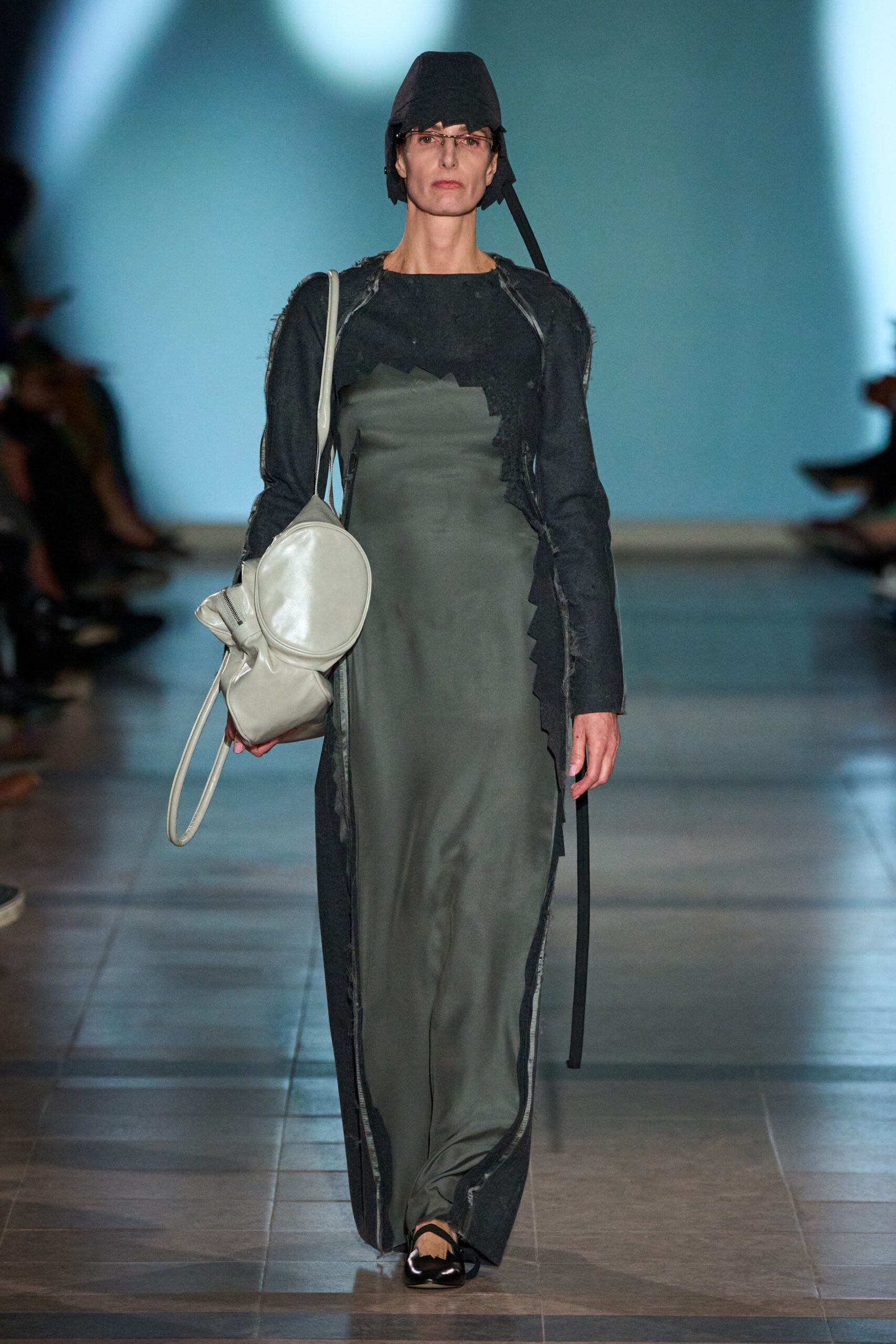 gray silk long-sleeve v-neck fitted draped maxi gown