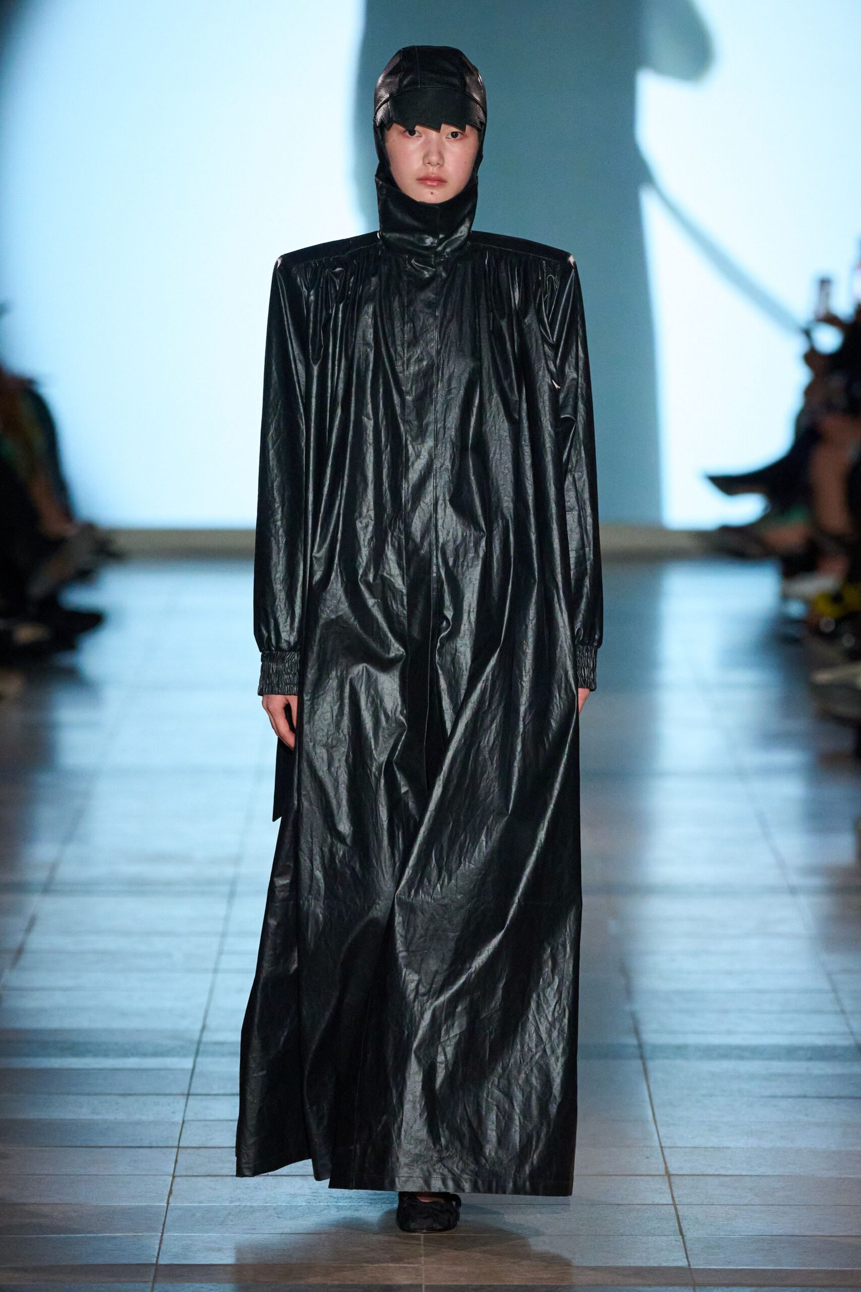 black leather long-sleeve fitted pleated maxi dress