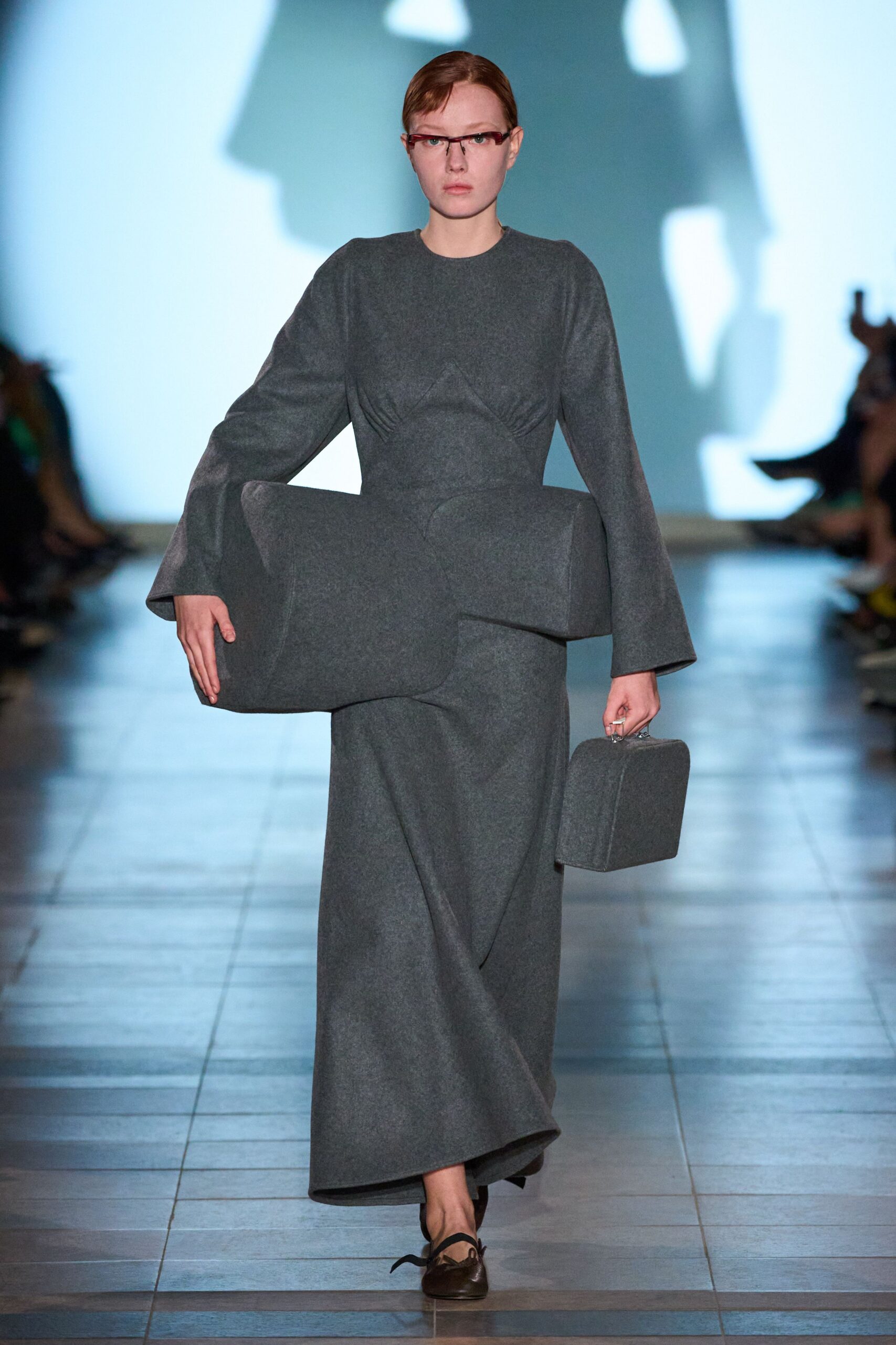 gray wool long-sleeve high-neck fitted draped maxi gown