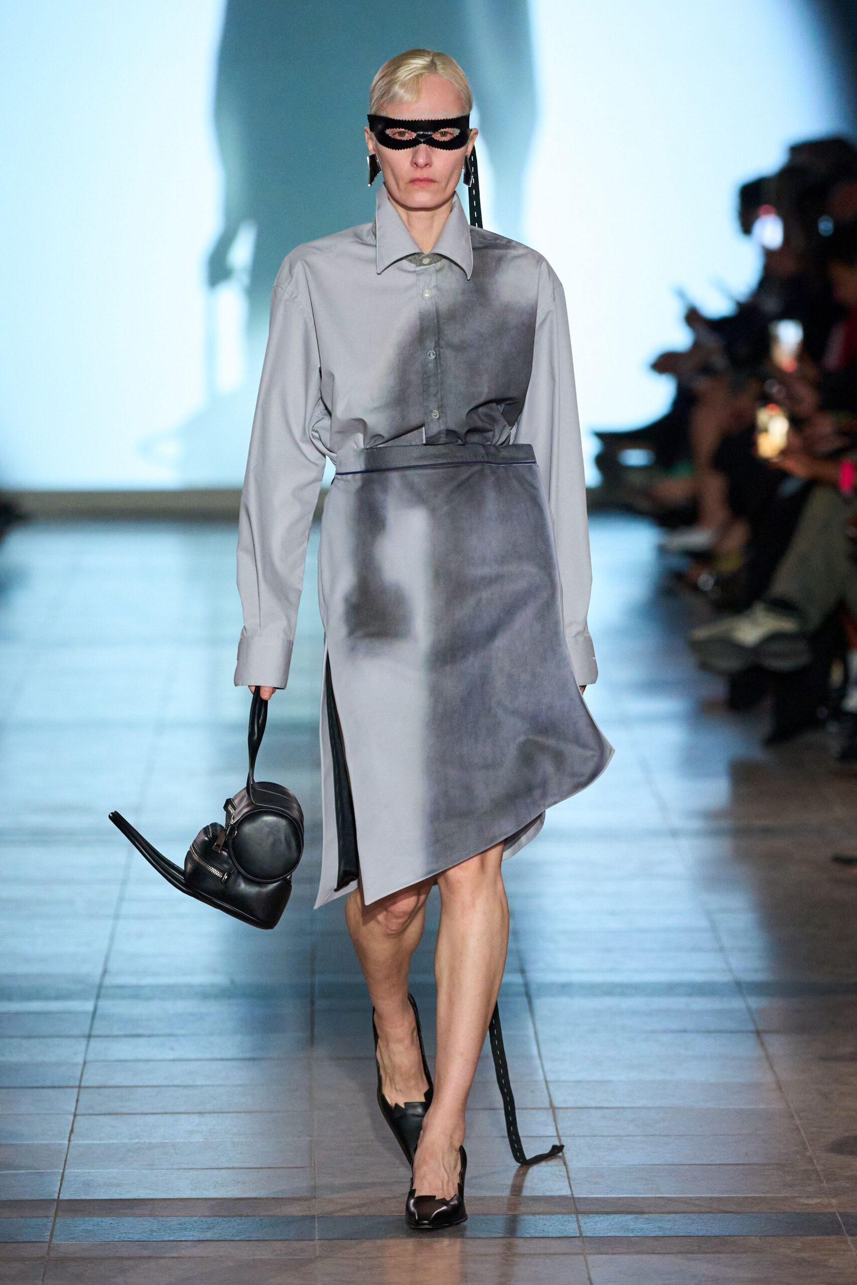 gray silk long-sleeve collared fitted draped midi shirt-dress