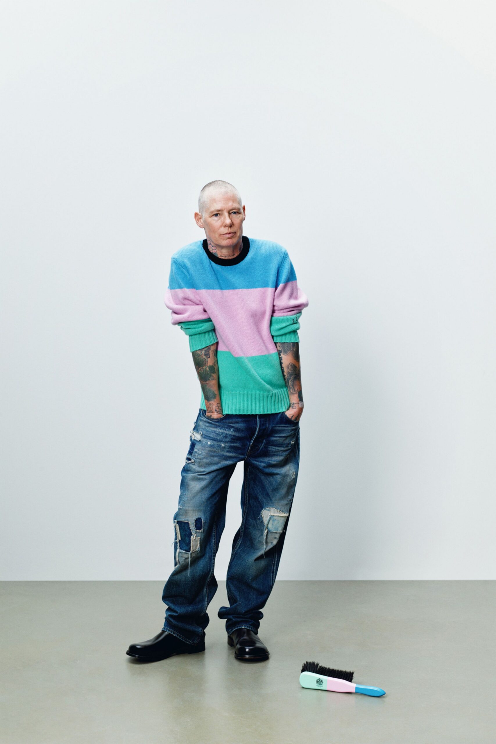 blue cotton long-sleeve collared relaxed color-blocked sweater