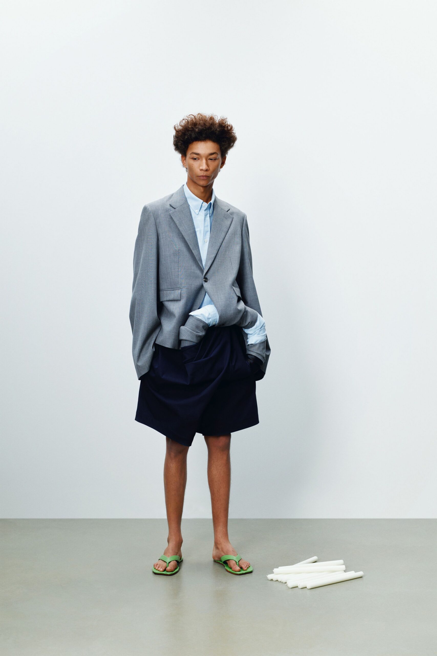 oversized gray blazer with blue shirt