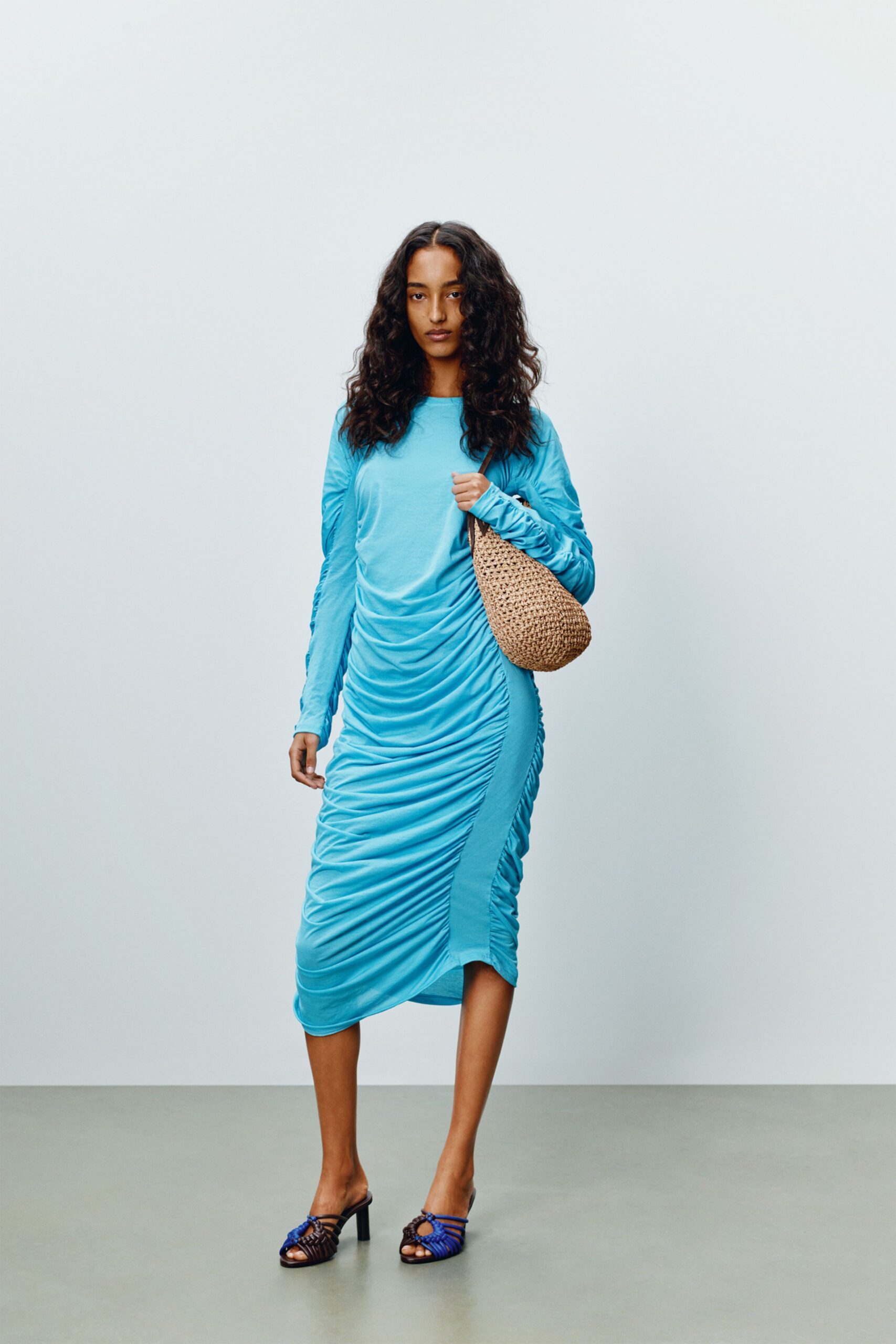 blue fitted midi dress
