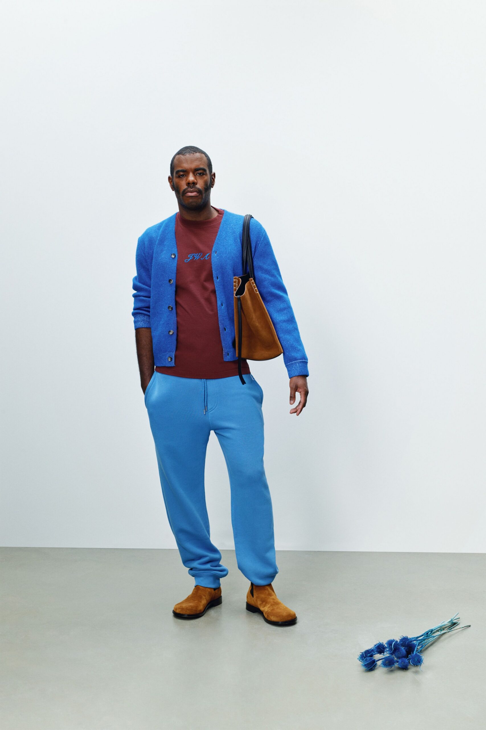 blue wool long-sleeve collared relaxed cardigan
