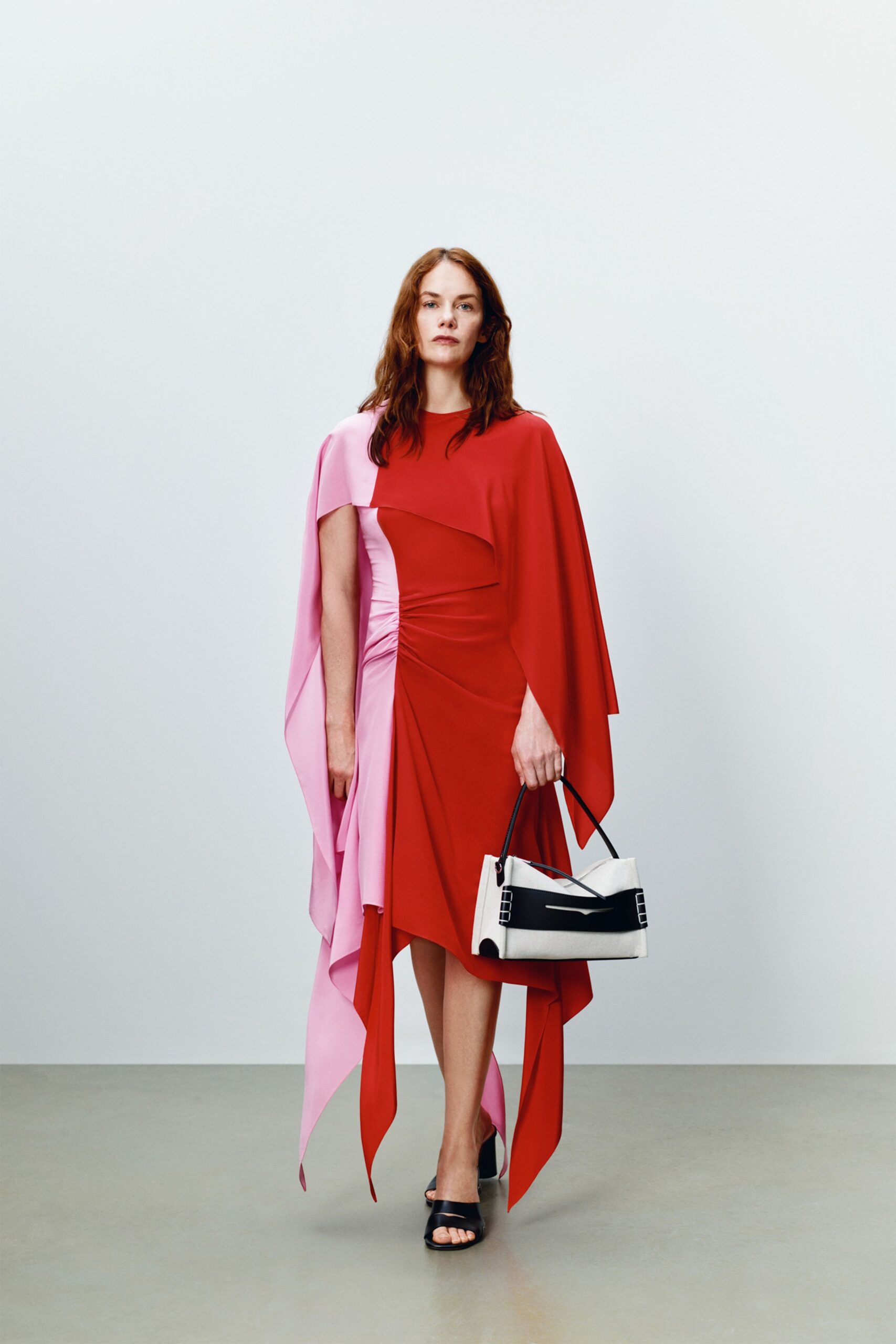 red silk sleeveless high-neck fitted draped midi dress