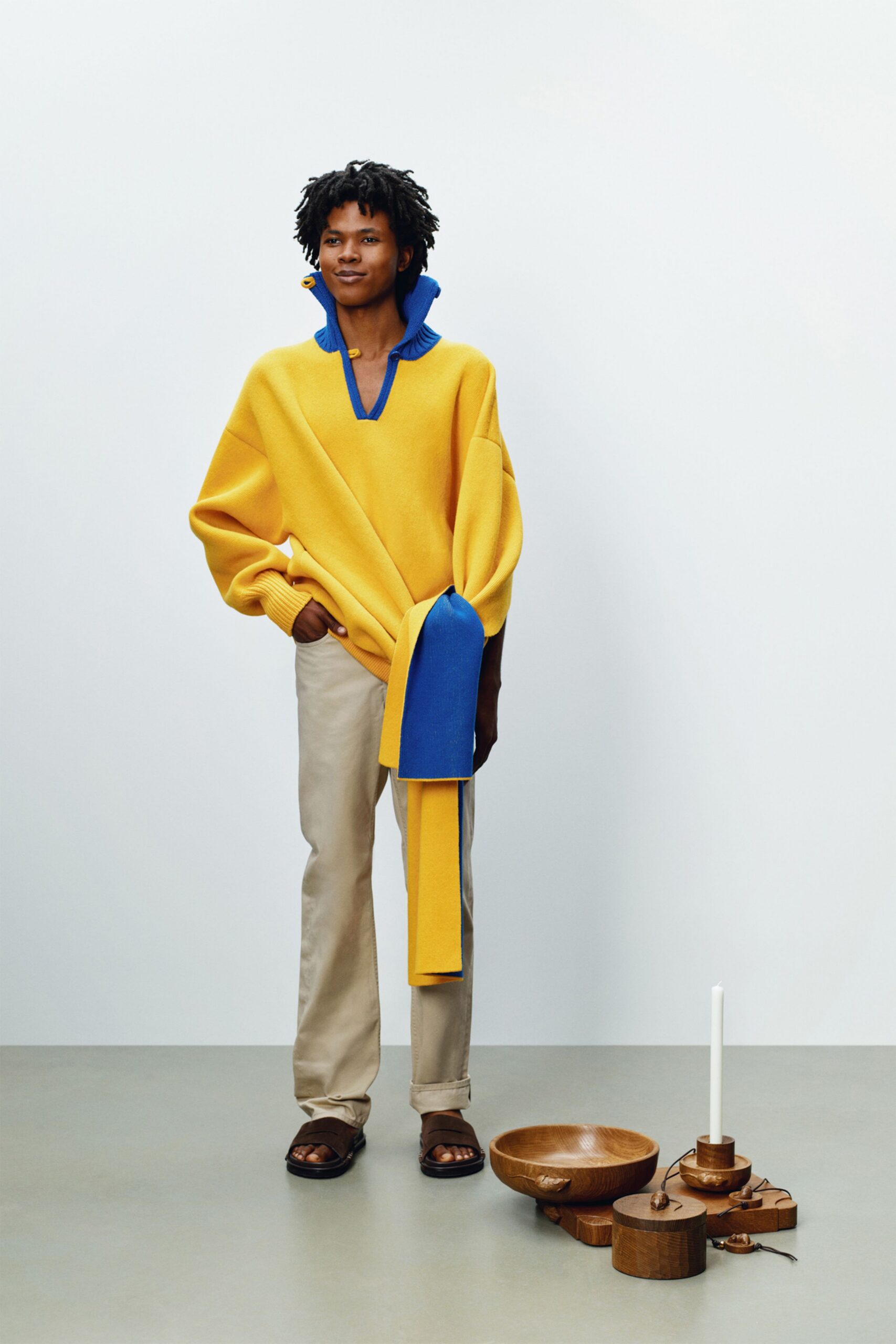 yellow cotton long-sleeve collared relaxed sweater
