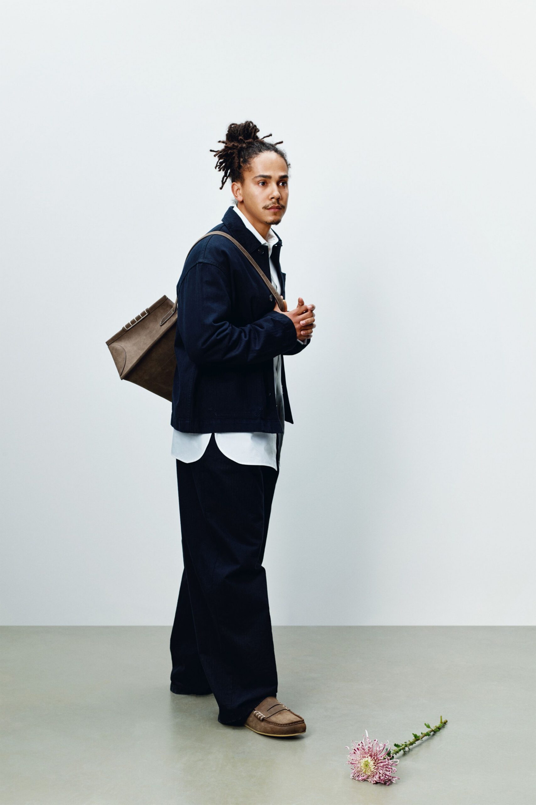black denim long-sleeve collared relaxed jacket