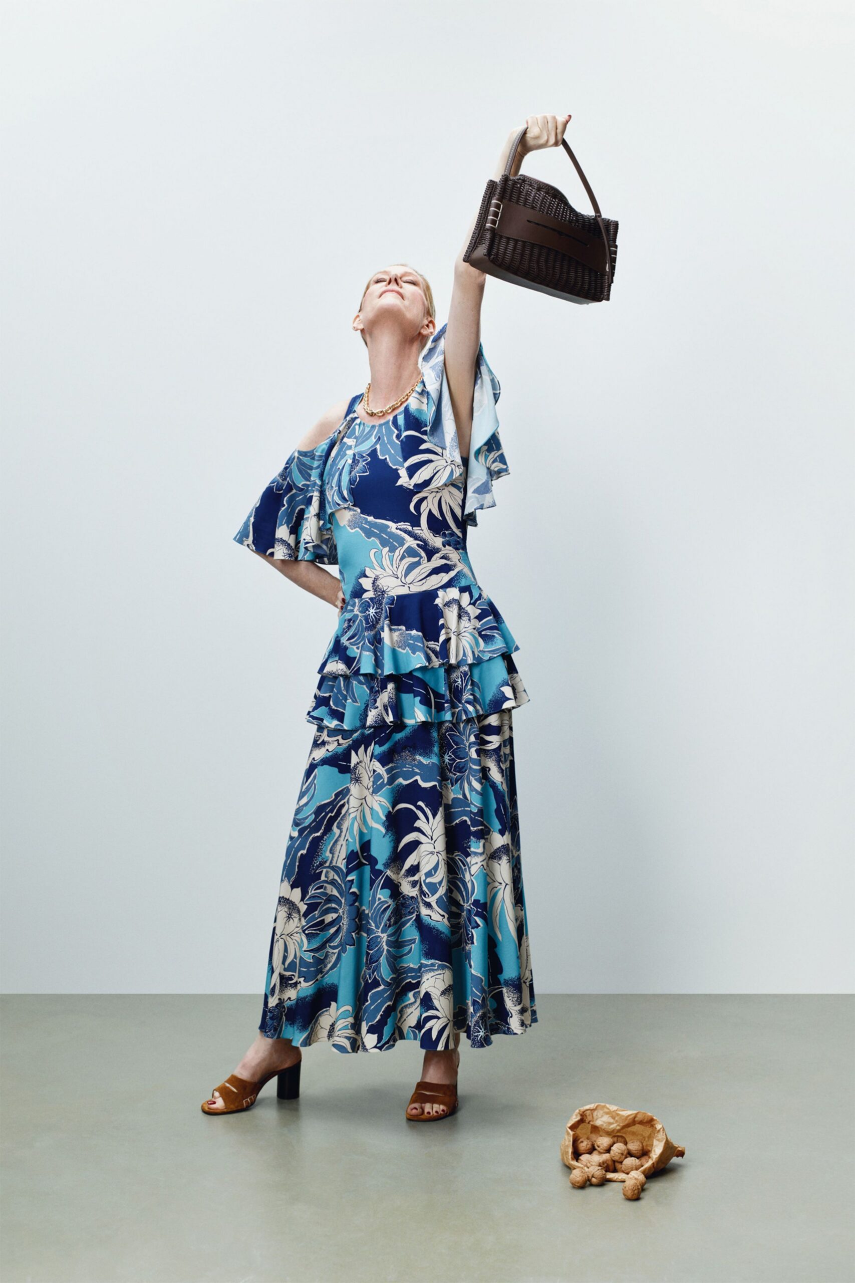 blue cotton sleeveless off-shoulder fitted floral flared dress