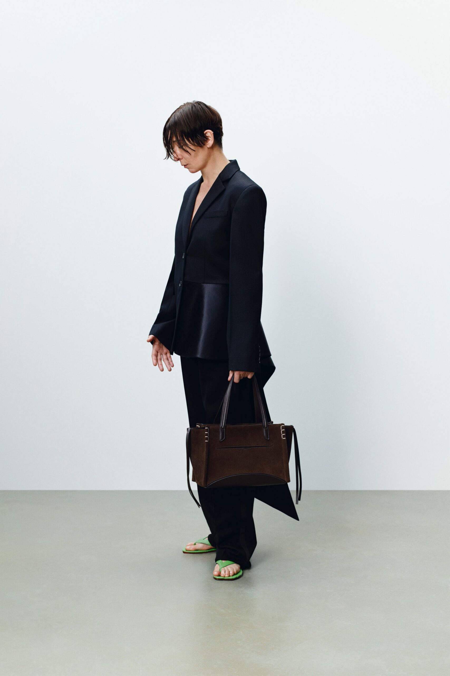 black silk long-sleeve v-neck structured blazer