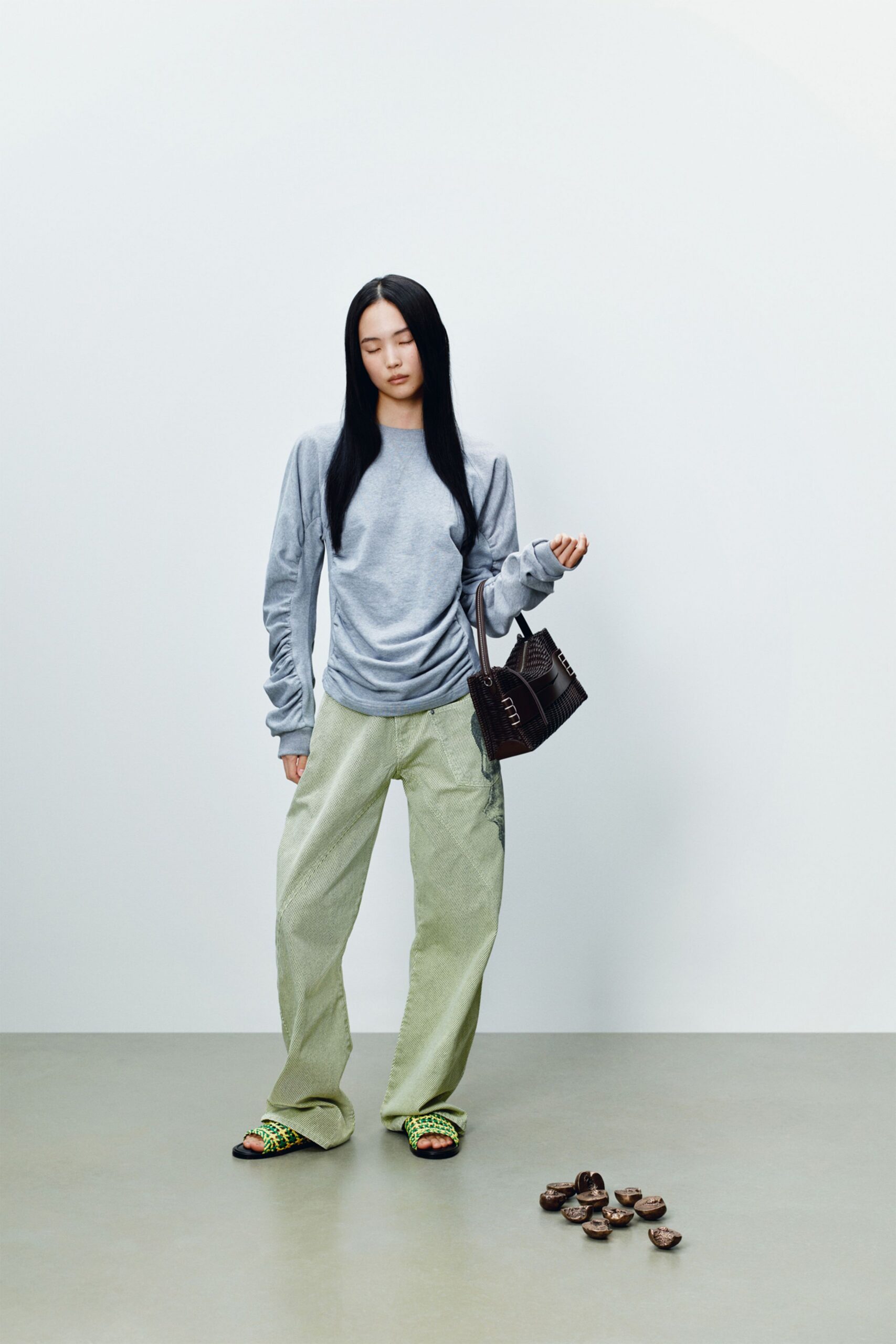 green cotton relaxed wide-leg pants