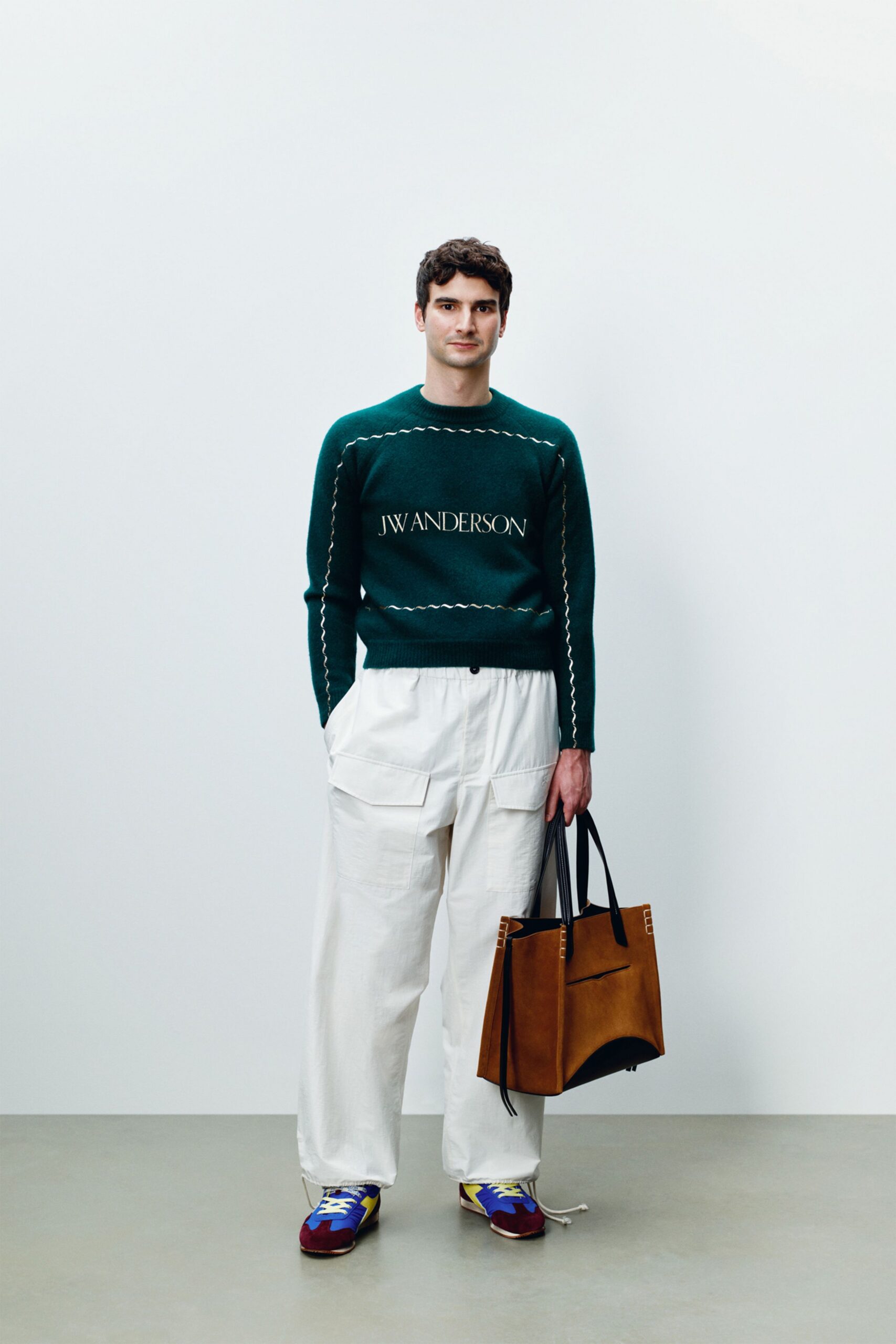 green wool long-sleeve collared relaxed embroidered sweater