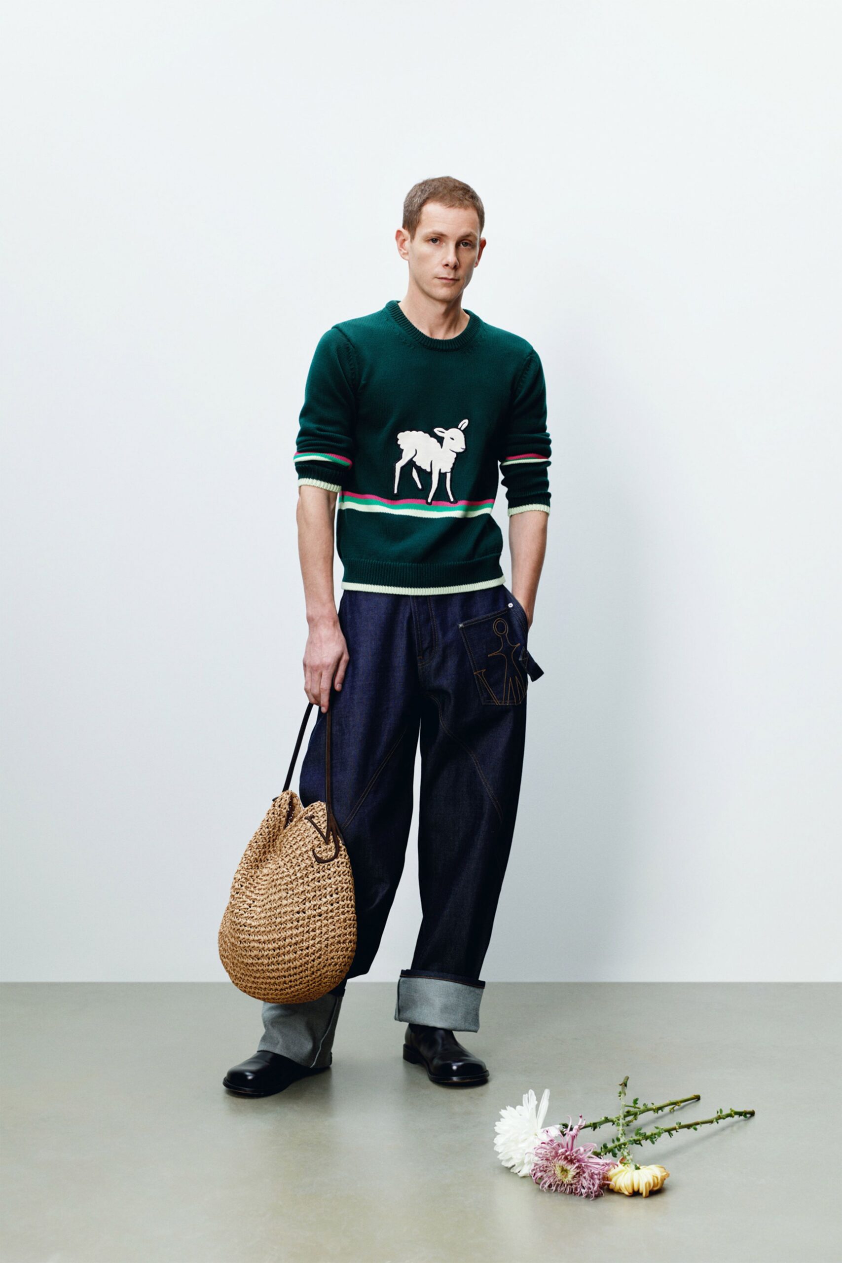 green cotton long-sleeve collared relaxed embroidered sweater