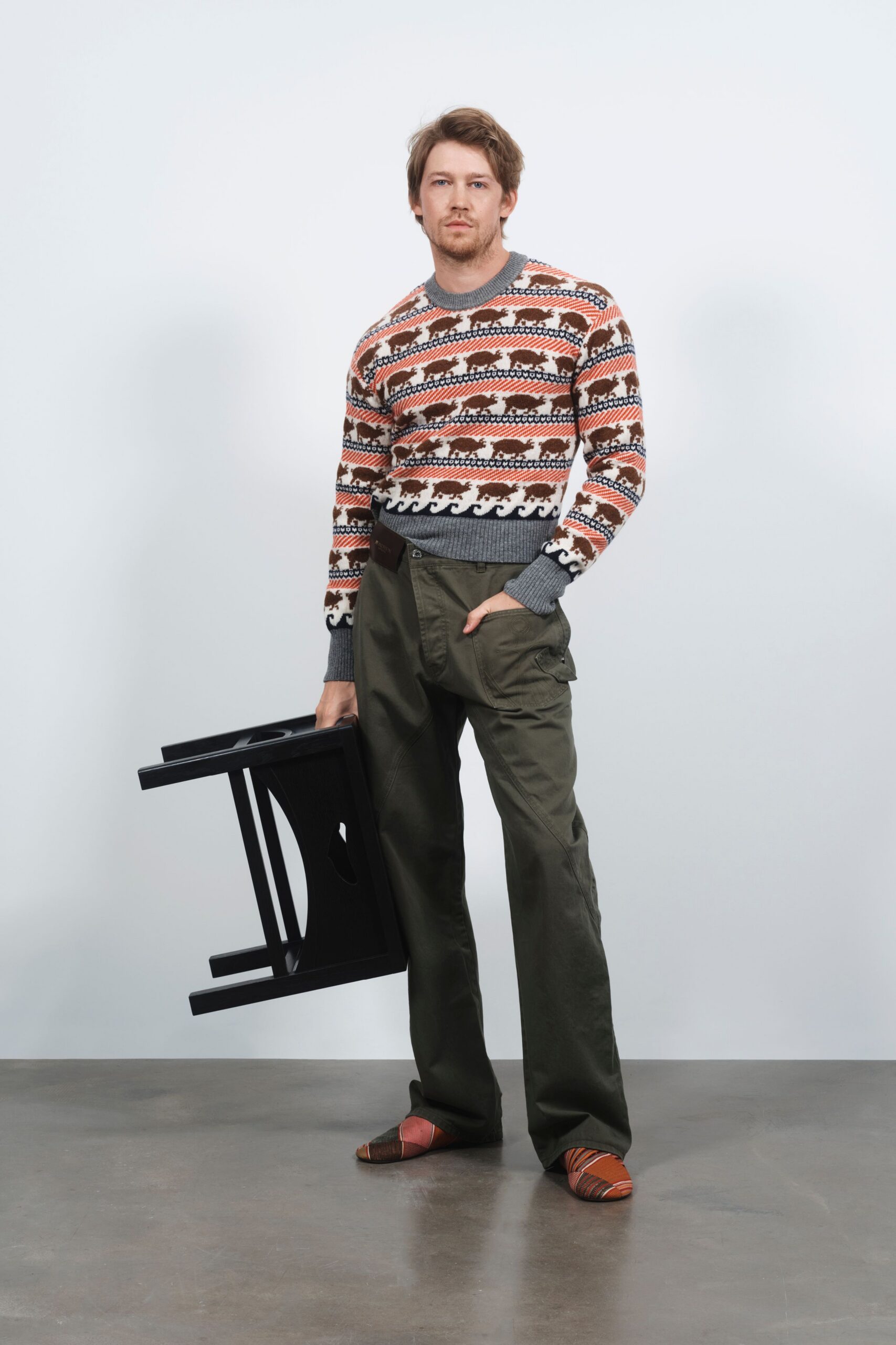 red cotton long-sleeve collared relaxed printed sweater