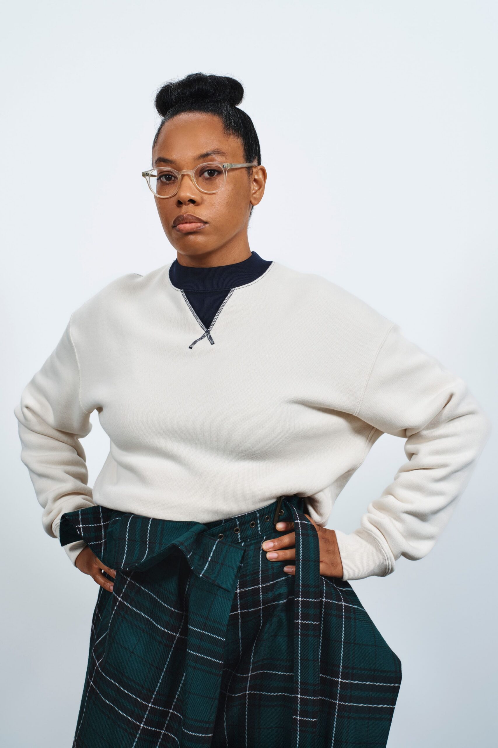 green cotton fitted checked skirt